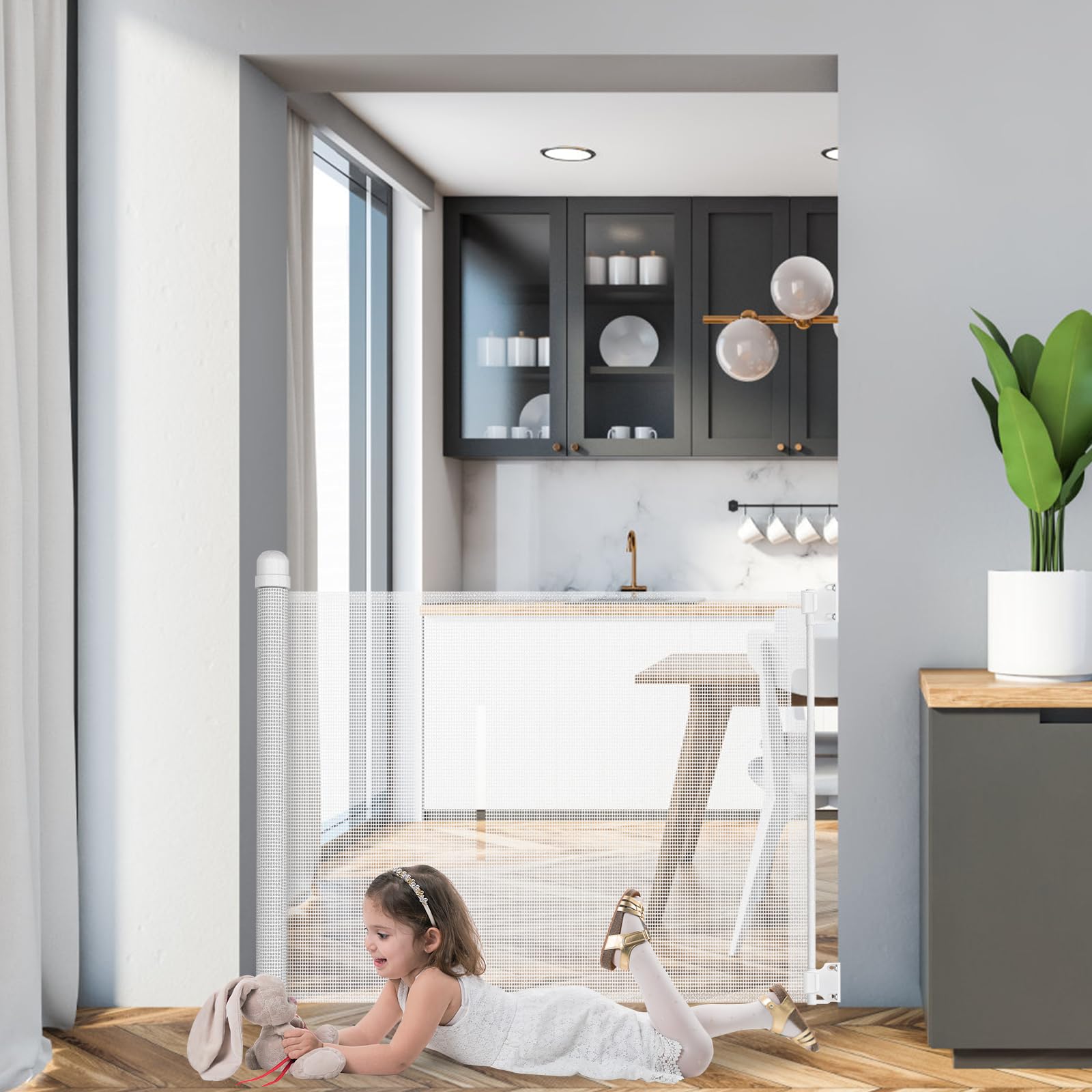 Rejilla de protección para escaleras, extensible para bebés y mascotas, protección para escaleras, puertas, interiores y exteriores (0-180 cm, 87 cm de alto, blanco)