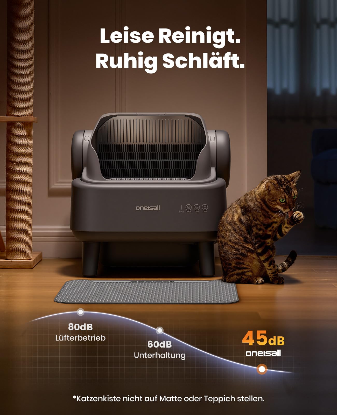 oneisall katzenklo selbstreinigend automatisch offen XXL große Katzen, katzenklo mit EaseClean™ System, selbstreinigende katzentoilette Auto und Manuelle Modi, Ink. katzenklomatte und 40beutel