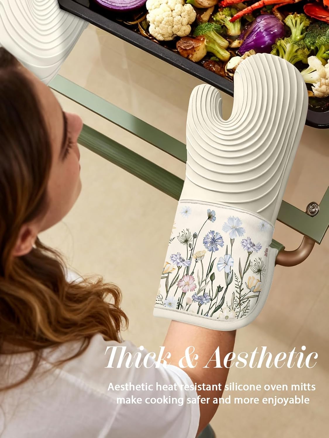 Slohif Long Silicone Oven Mitts Heat Resistant for Women - 2 Pcs Beige Wild Flowers 100% Cotton Oven Gloves, Non-Slip and Waterproof Silicone Oven Mitts with Hanger for Baking and Cooking - Image 5