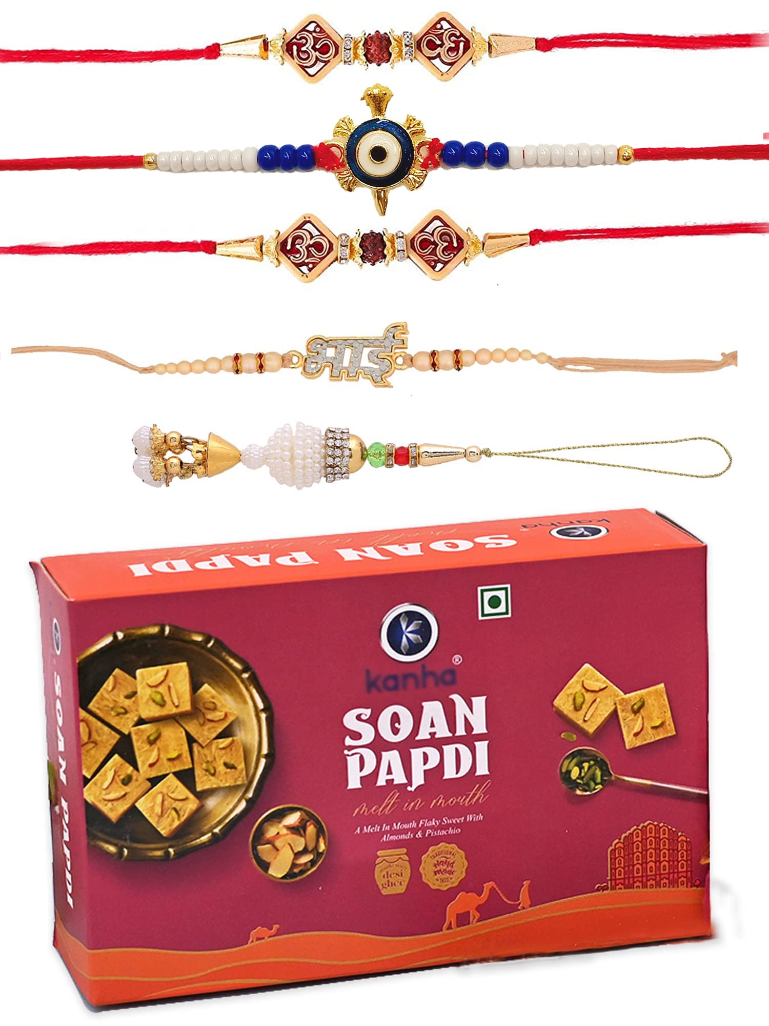 Rakhi for brother with soanpapdi, 5 Set of r akhi with sweet for brother Gift Pack, Soanpapdi with R akhi Combo, Rakhi for Bhaiya Bhabhi with Sweet and Greeting Card-image-29