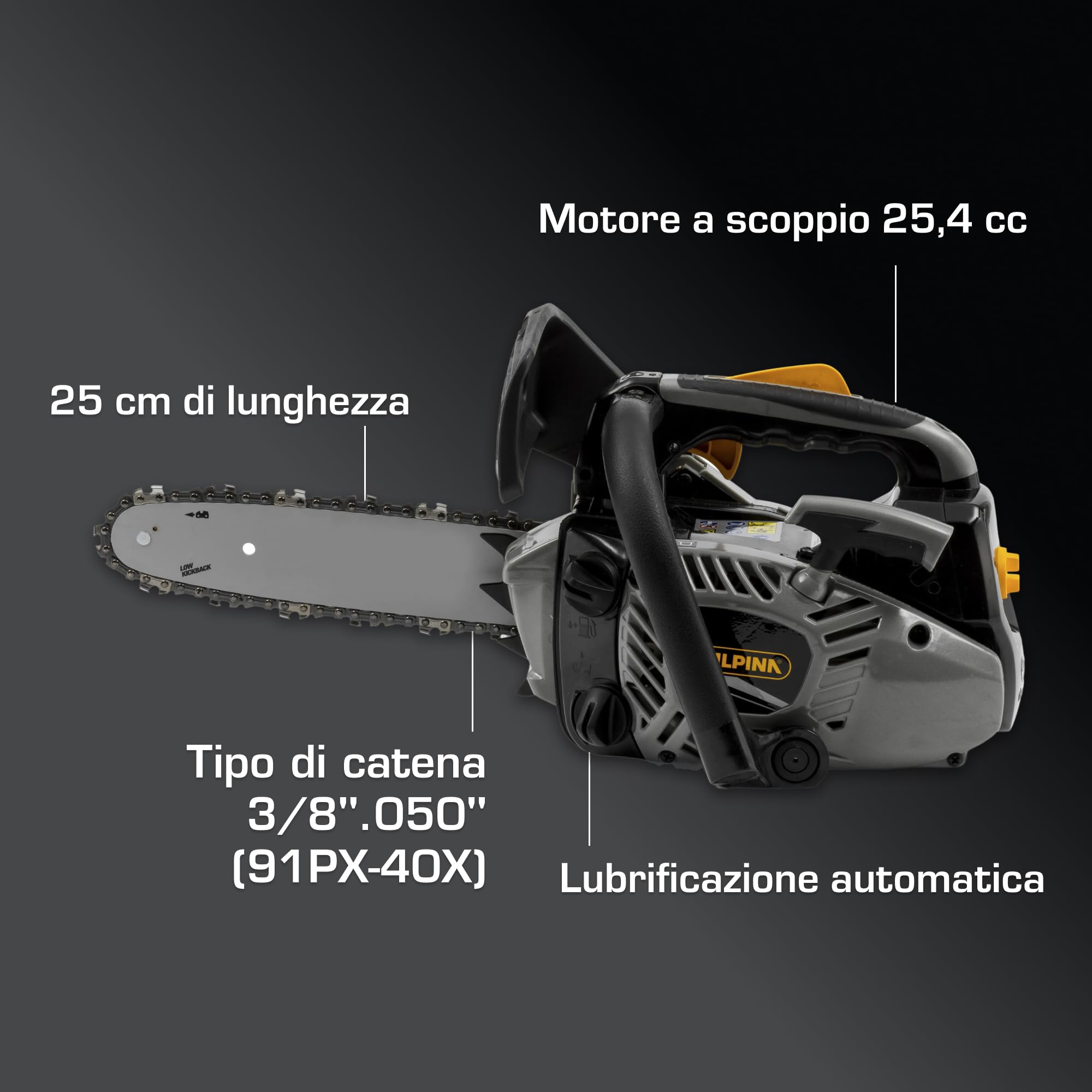 Alpina APR 25 Motosega da potatura, 25,4 cc – Barra 25 cm, Pompa olio automatica regolabile – Per potatura di alberi e arbusti