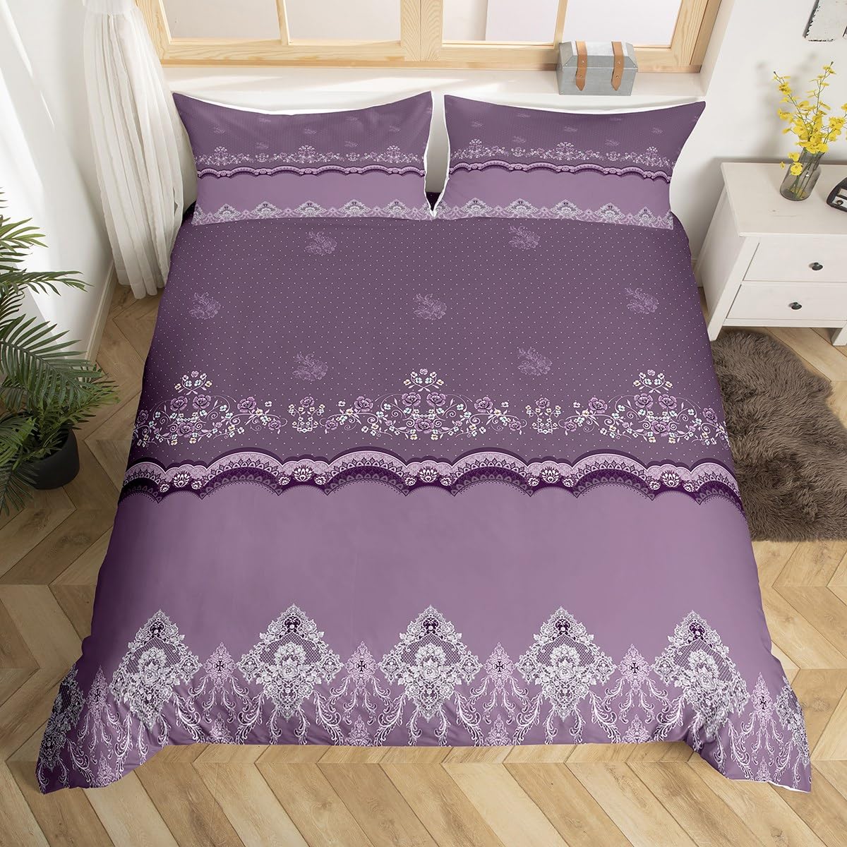 Purple Floral Lace Duvet Cover Set King Size with 2 Pillow Shams,Classic Luxury Design Bedding Sets with Zipper and Corner Ties ,Soft Comforter Microfiber Quilt Cover Set Women Girls 3pcs(220x240cm) - Image 3
