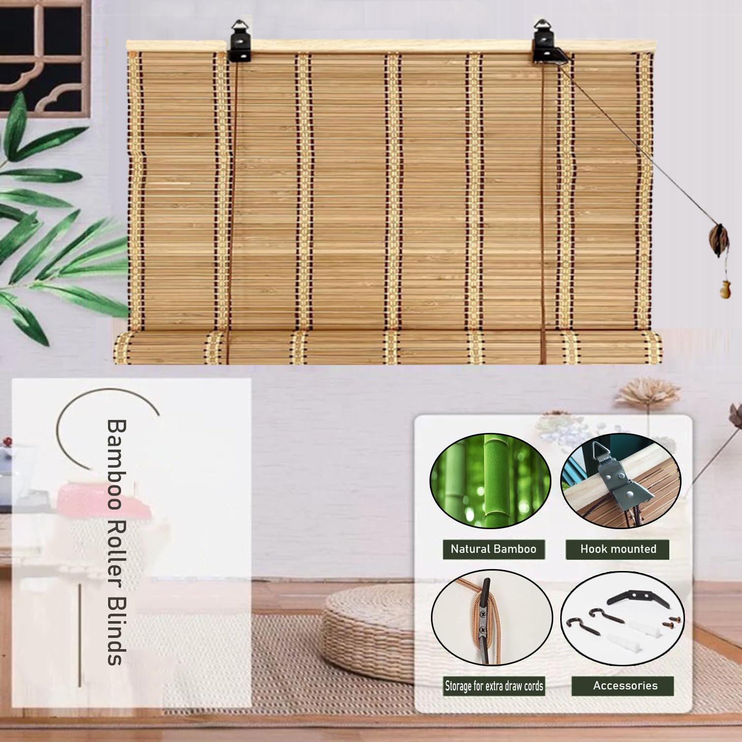 Persianas de Bambú para Ventanas,Cortinas Bambu Exterior Interior 60% Blackout Persianas de Madera Estor Enrollable de Bambú,para Balcón,Personalizada,Ancho x Alto (200cm x 250cm)