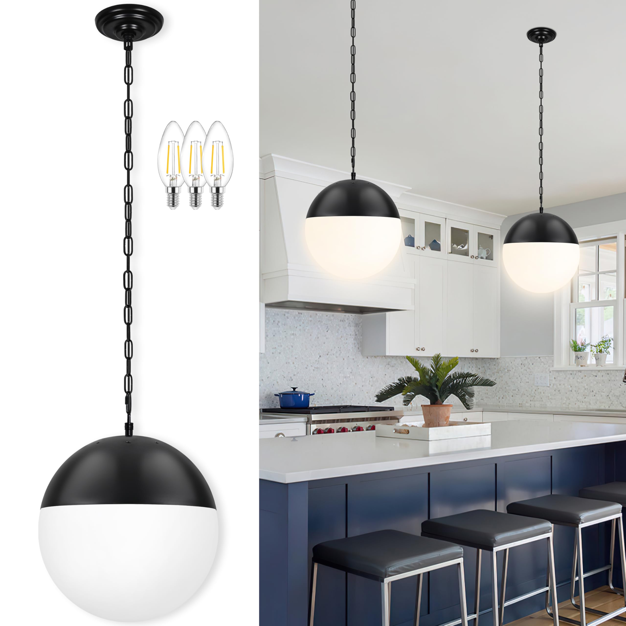 14 Inch Black Mid Century Modern Pendant Light Pendants for Kitchen Island Frosted Milky White Glass Globe Height-Adjustable Modern Hanging Globe Pendant Light for Bedroom (Bulb Incl)