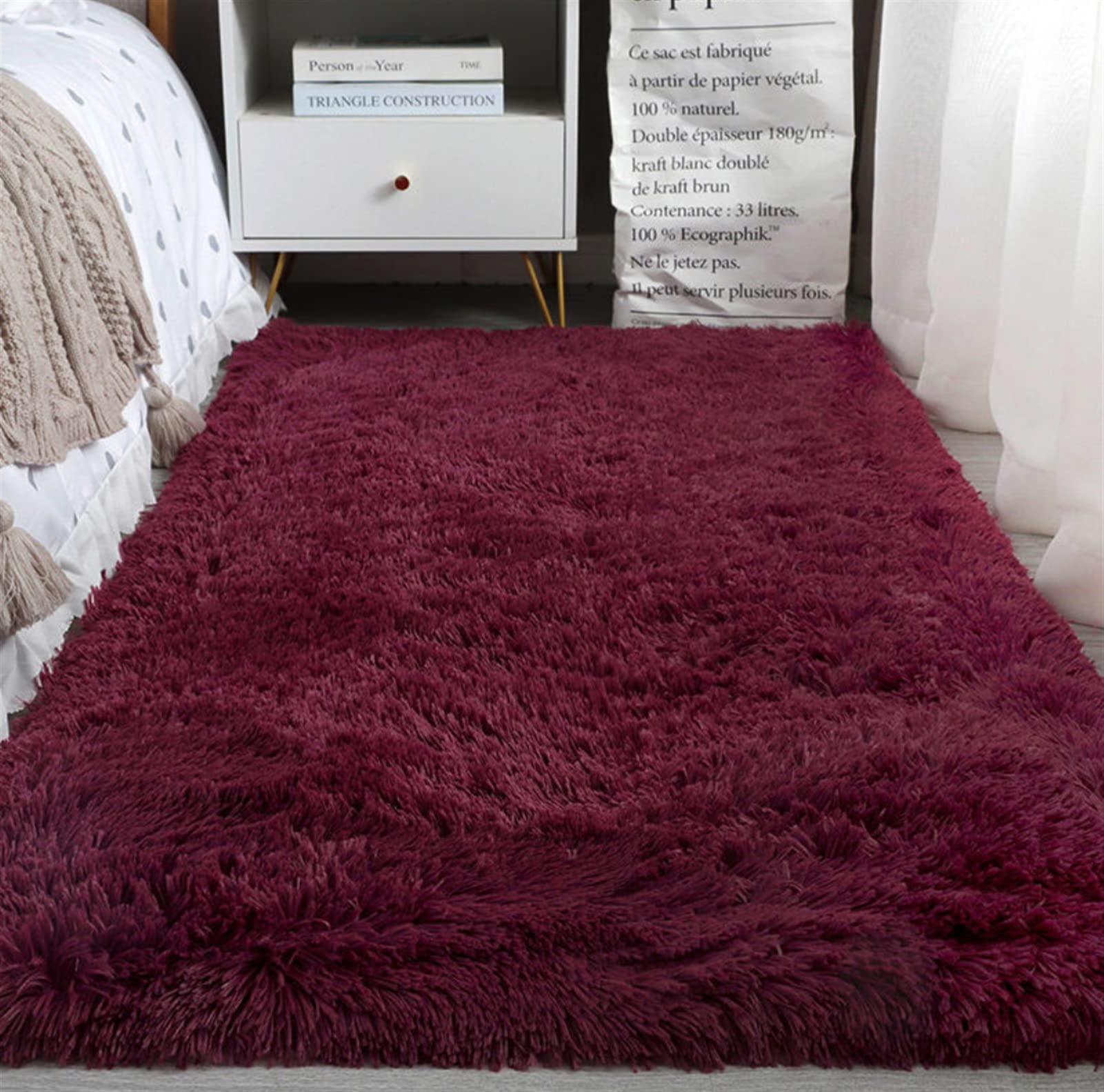 Heavyoff Fluffy Shaggy Area Rugs for Bedroom, Soft Non-Slip Plush Carpet Feet Floor Mats Rectangular Cozy Rug for Nursery Room Living Room Wine Red, 140x200cm — image 1