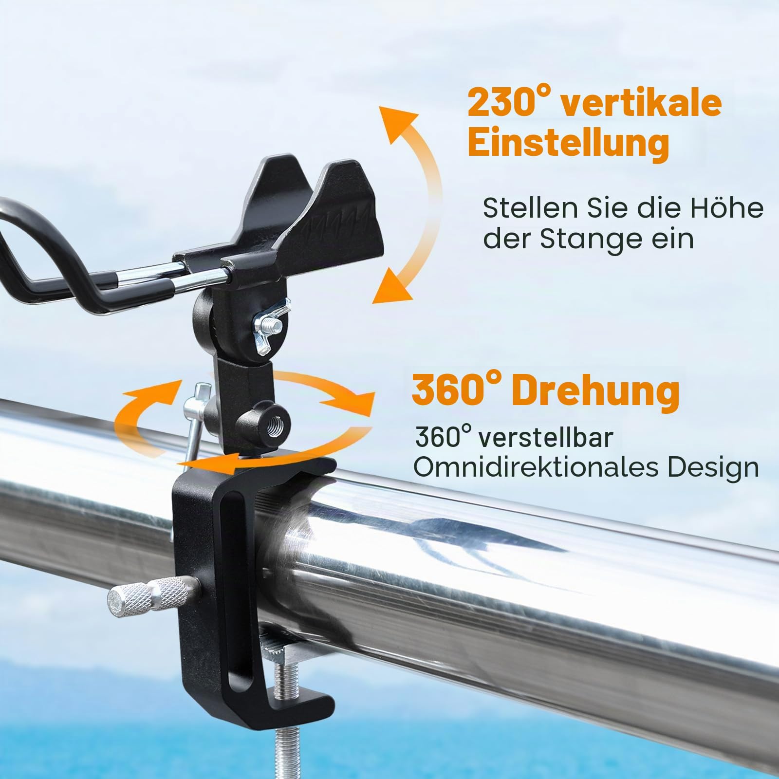 2 Stück Rutenhalter für Boote, um 360 Grad Verstellbarer Angelrutenhalter mit großer Klemme, aus Aluminiumlegierung, geeignet für runde oder eckige Rohrspanten.