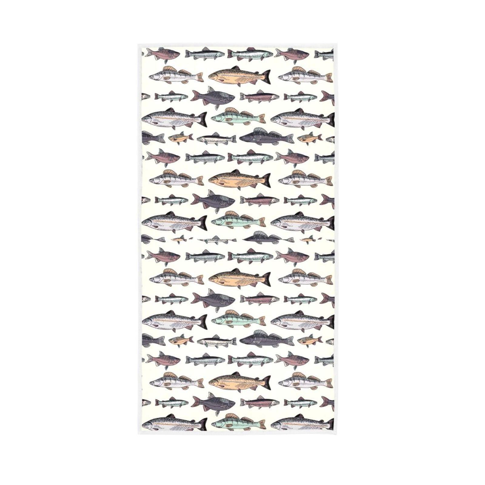 LSRCPD Vintage Hand Drawn Fishes Fingertip Towels, 15 x 30 Inches Soft Hand Towel Spa Towels for Bathroom Gym Towels for Working Out