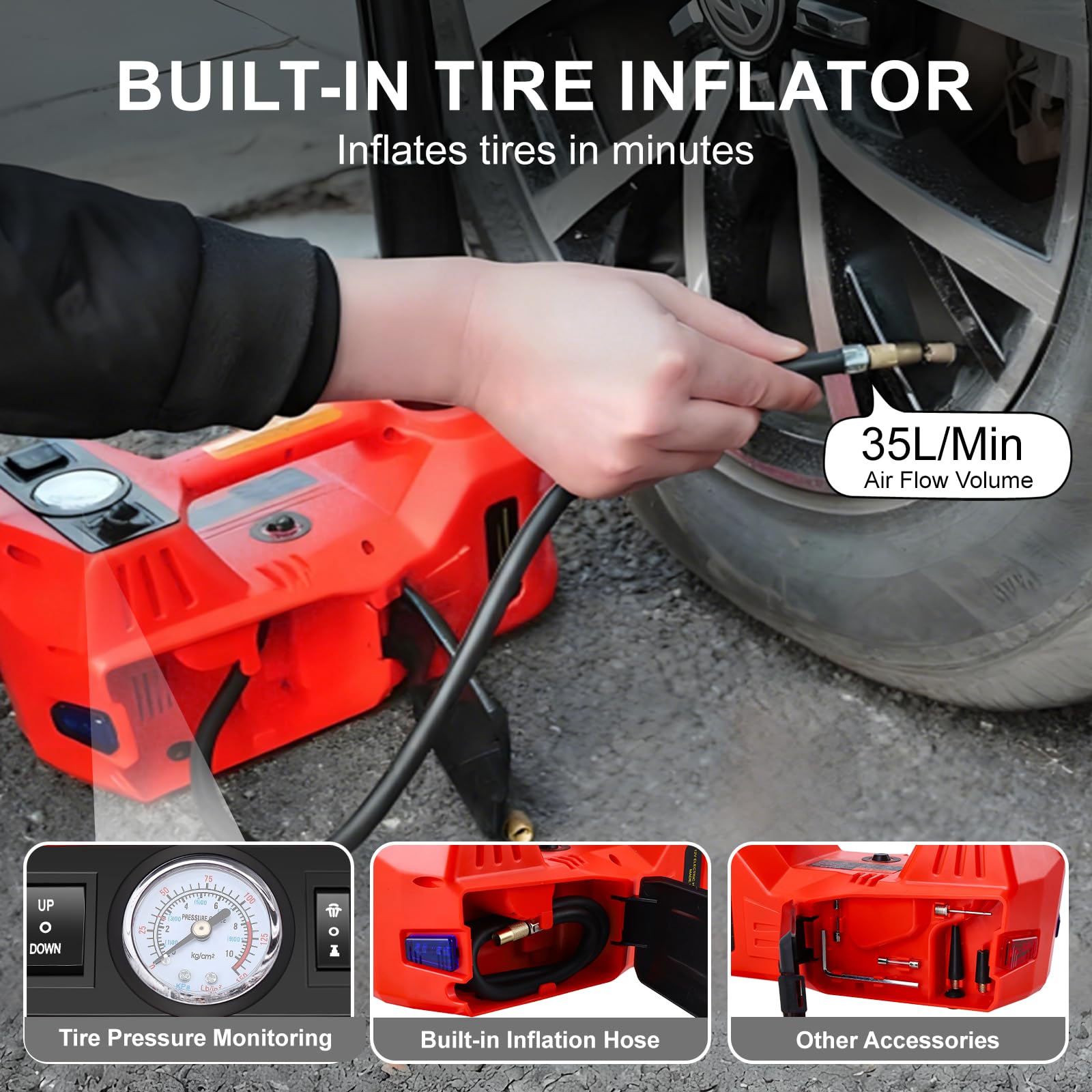 Gato Electrico para Coche 5T, 12 V Gato Hidráulico para Coche, 15-45 cm de Alcance de Elevación, con Bomba Inflable y luz LED, 4 en 1 para Auto/SUV/Camión, Cambio de Neumáticos