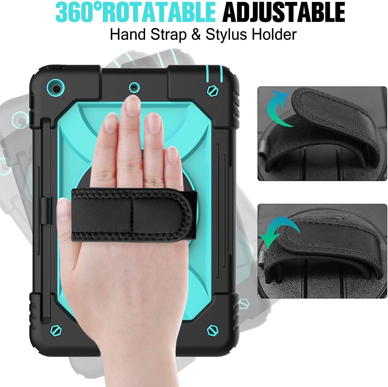 LEDNICEKER iPad 9th/8th/7th Generation case, iPad 10.2 case, Three Layer Protective Kids Case with [360 Rotating Stand] [Hand Strap] [Pencil Holder] for iPad 10.2 9th 2021/2020/2019- Black Light Blue