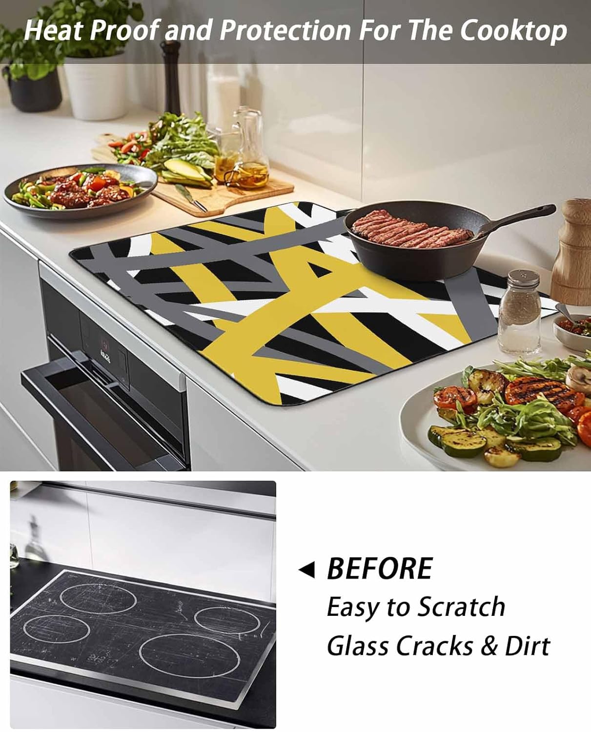 Stove Top Cover Yellow Stripes Stove Cover for Electric Stove Top Black Grey Lines Art Glass Cooktop Covers Anti-Slip Mat Heat Resistant Countertop Protector Kitchen Decor 31"x24"