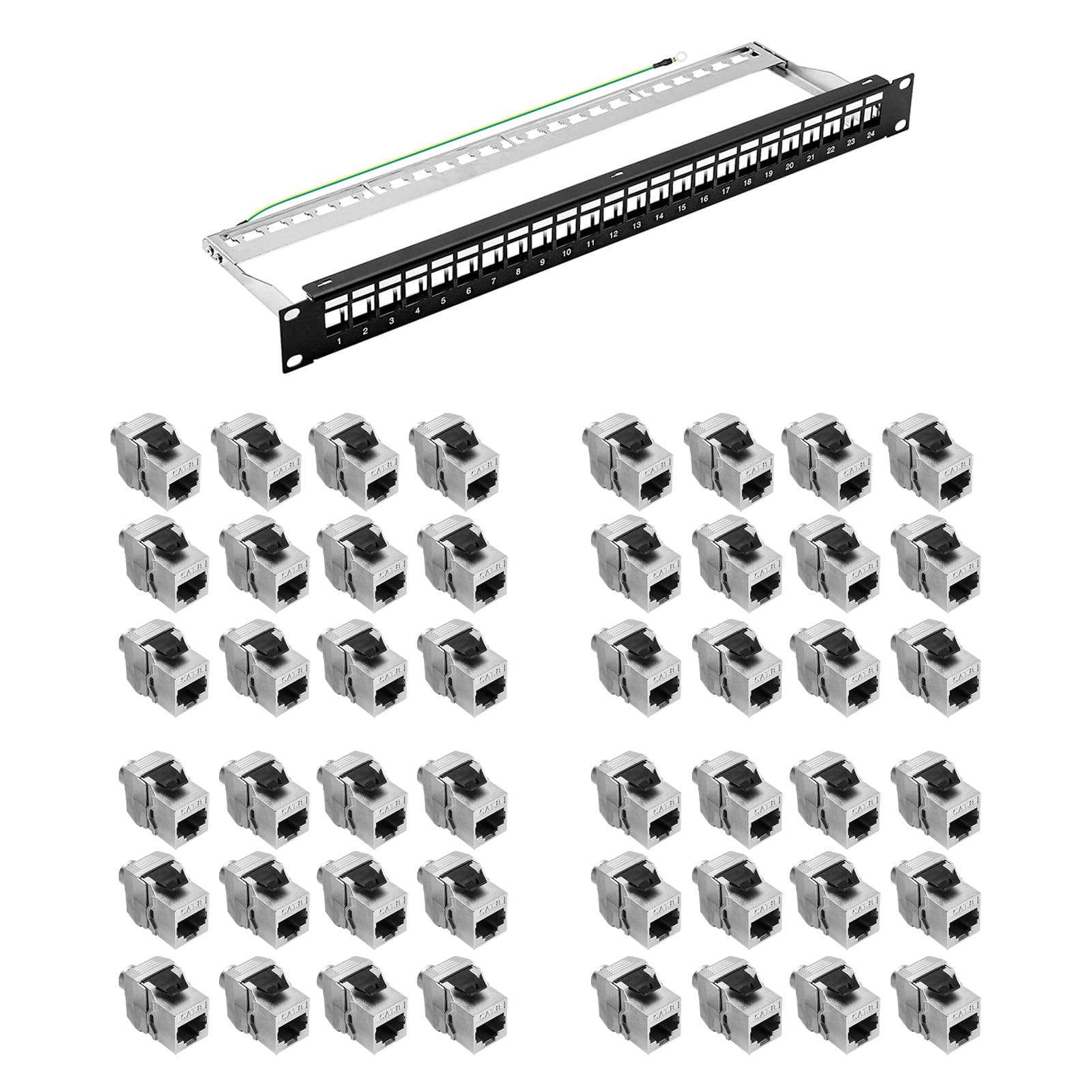 ProfiPatch Cat8 Patchpanel mit 24 Keystone Module RJ45 Patchfeld 19 Zoll 40 Gbit/s 2000MHz 24 Port Verteilerfeld RJ45 Rackeinbau Geschirmtes Keystone Patchpanel 1HE für Verlegekabel, Lan Kabel schwarz