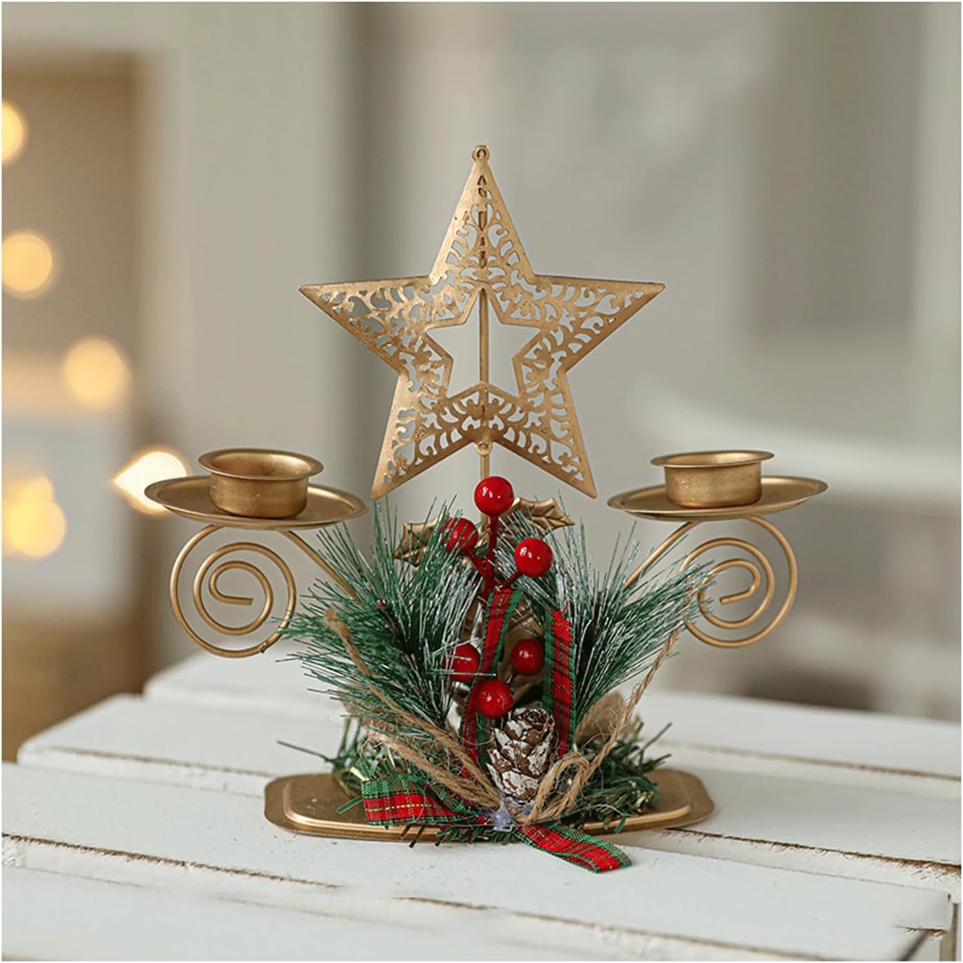 Christmas Candle Holder Golden Table Centerpieces with Red Berries Pine Cones for Decor Mantle (Pentagram 2)