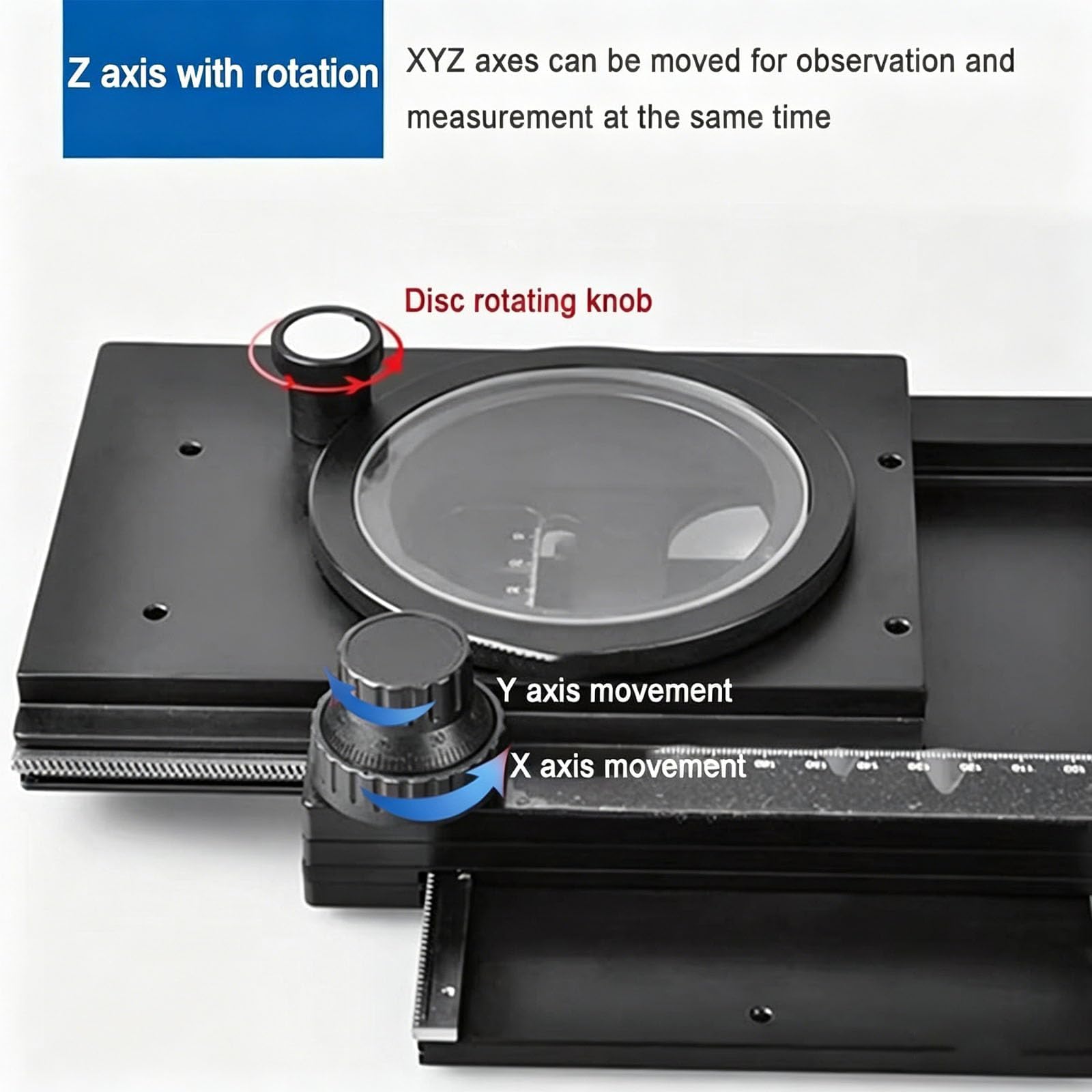Plataforma de microscopio deslizante manual con eje Z giratorio de 360°, recorrido de 60 mm x 55 mm, posicionamiento de precisión para macro y microfotografía