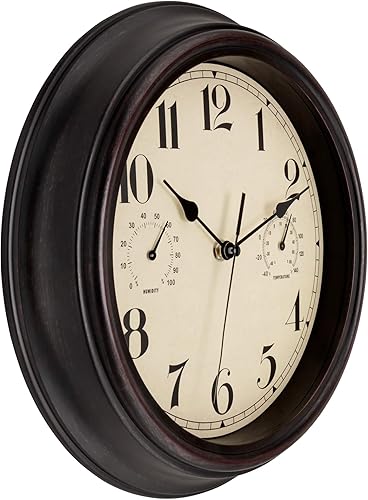 Miniatura 2 de Foxtop Reloj de pared impermeable para interiores y exteriores con termómetro e higrómetro, 12 pulgadas, retro, silencioso, sin tictac, funciona con