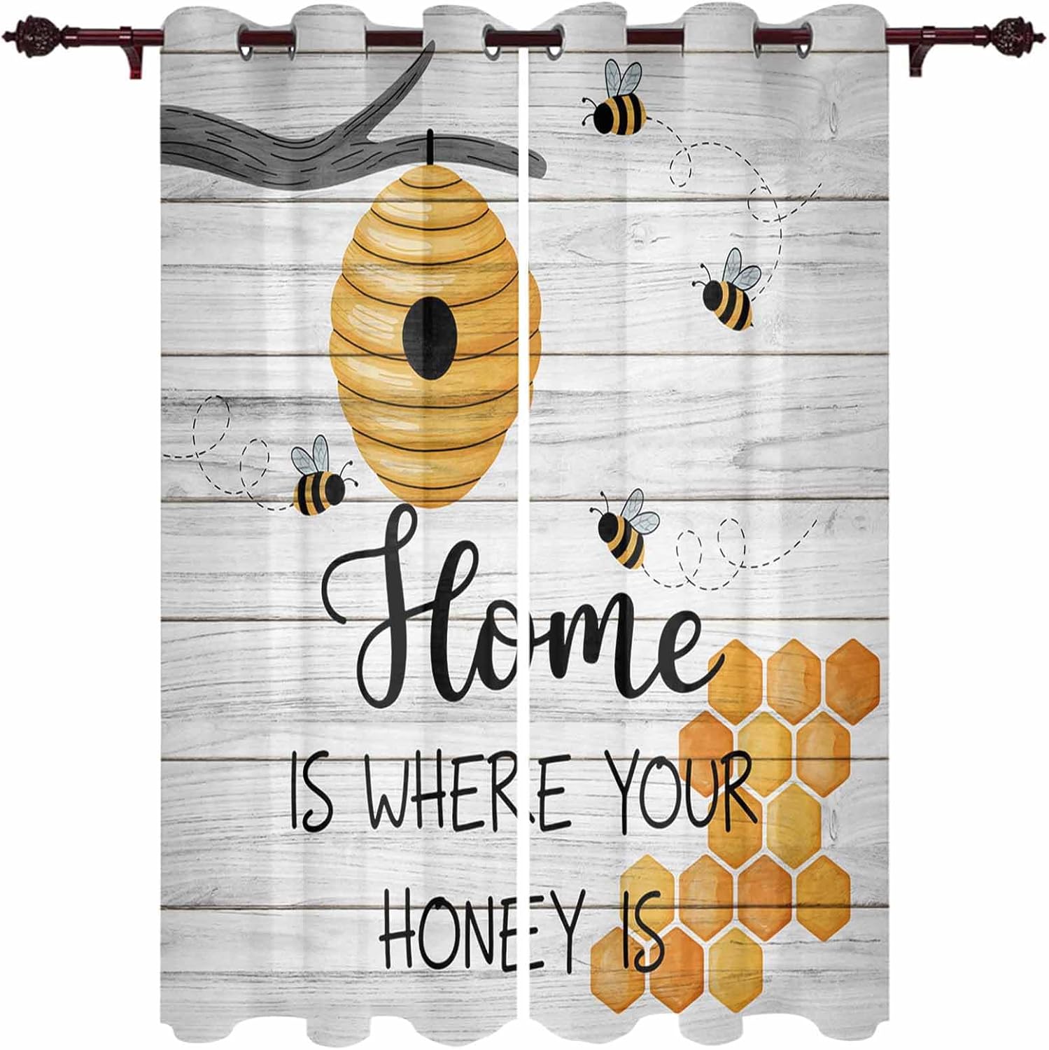 2 Panels Kitchen Curtains 96" Length for Living Room, Laundry, Bee Hive Home Is Where Your Honey Is Teen Boys Room Curtains Window Drapes with Grommet Top, Retro Wooden Stripes Grain 104W x 96L Inch