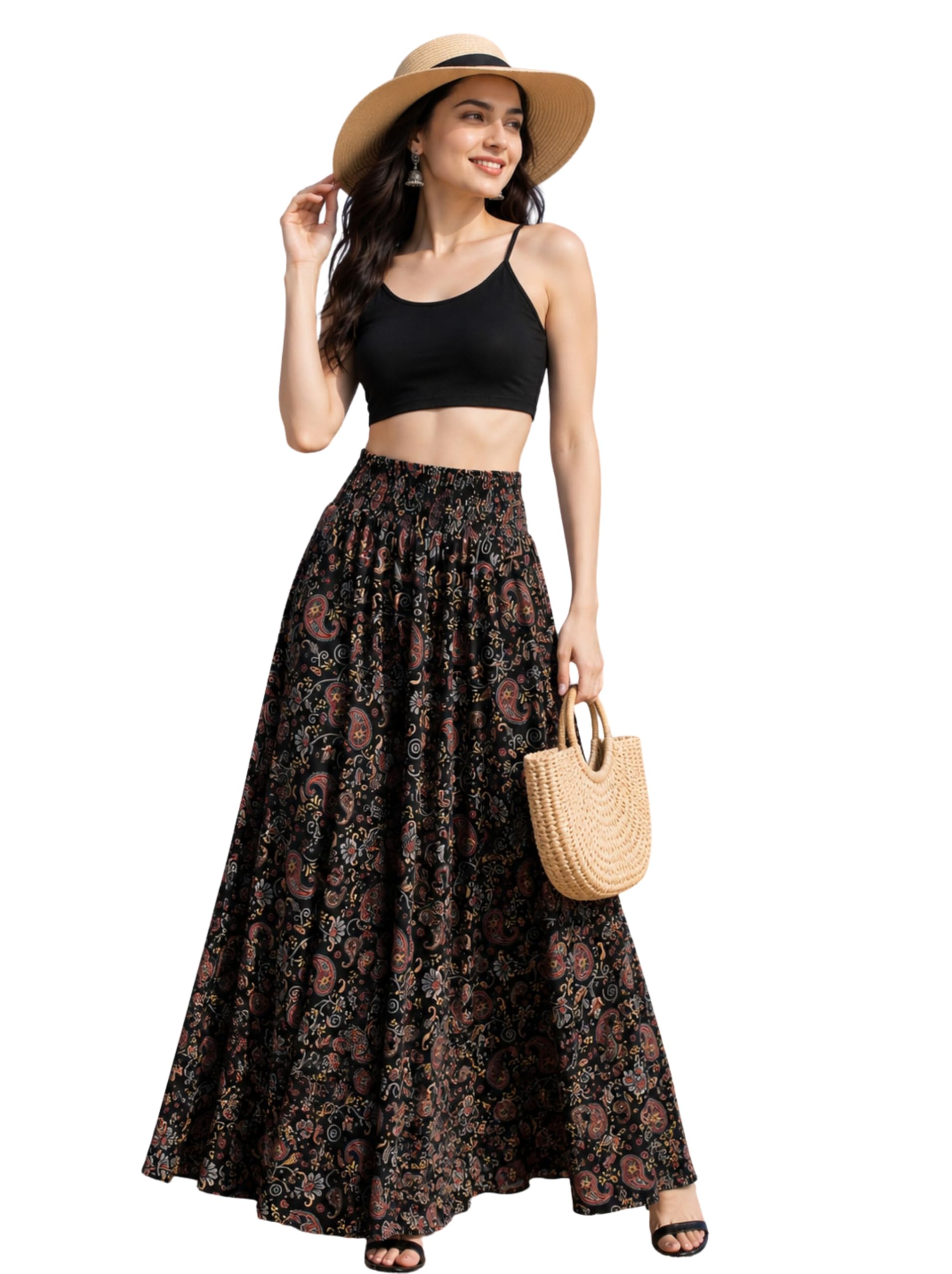 divyabhumi Printed Flared Palazzo Skirt, Black, Bohemian Paisley Print, Smocked High Waist, Maxi Length-picture-22