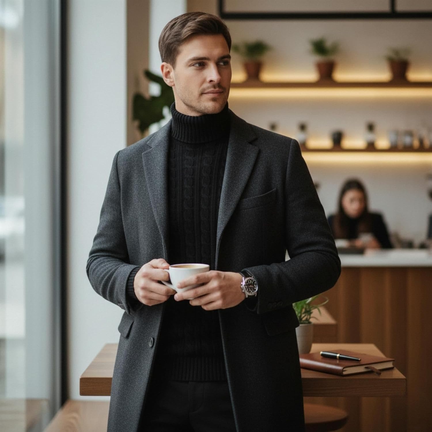 Janisramone® Mens High Polo Roll Neck Jumper, Long Sleeve Cable Knitted Pullover Mens Sweater, Casual Turtle Neck Jumper Black