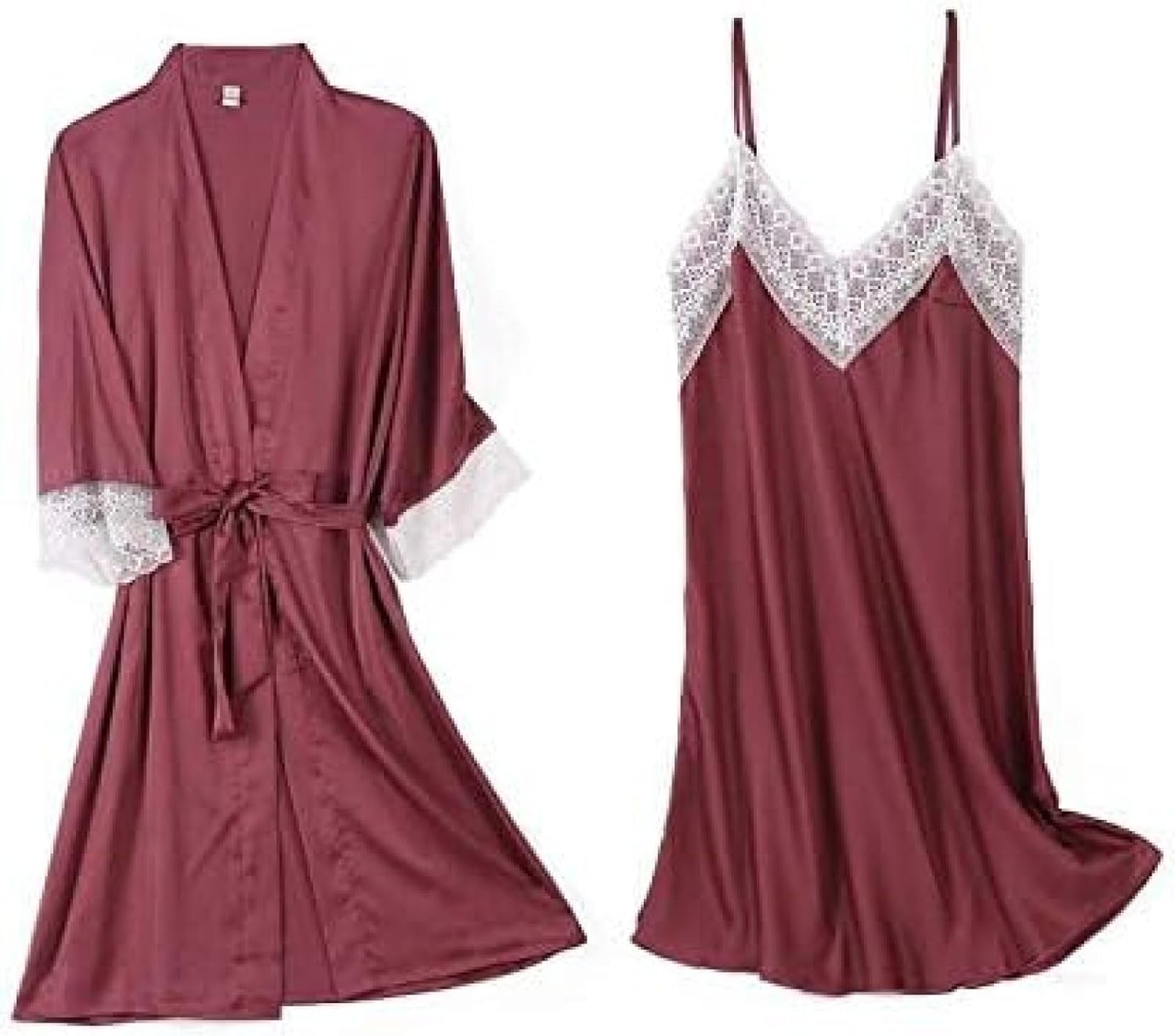 Sleepwear Female Robe Set Casual Kimono Bathrobe Gown Nightgown Sexy Nightwear,2pcs Dark Red 2,M