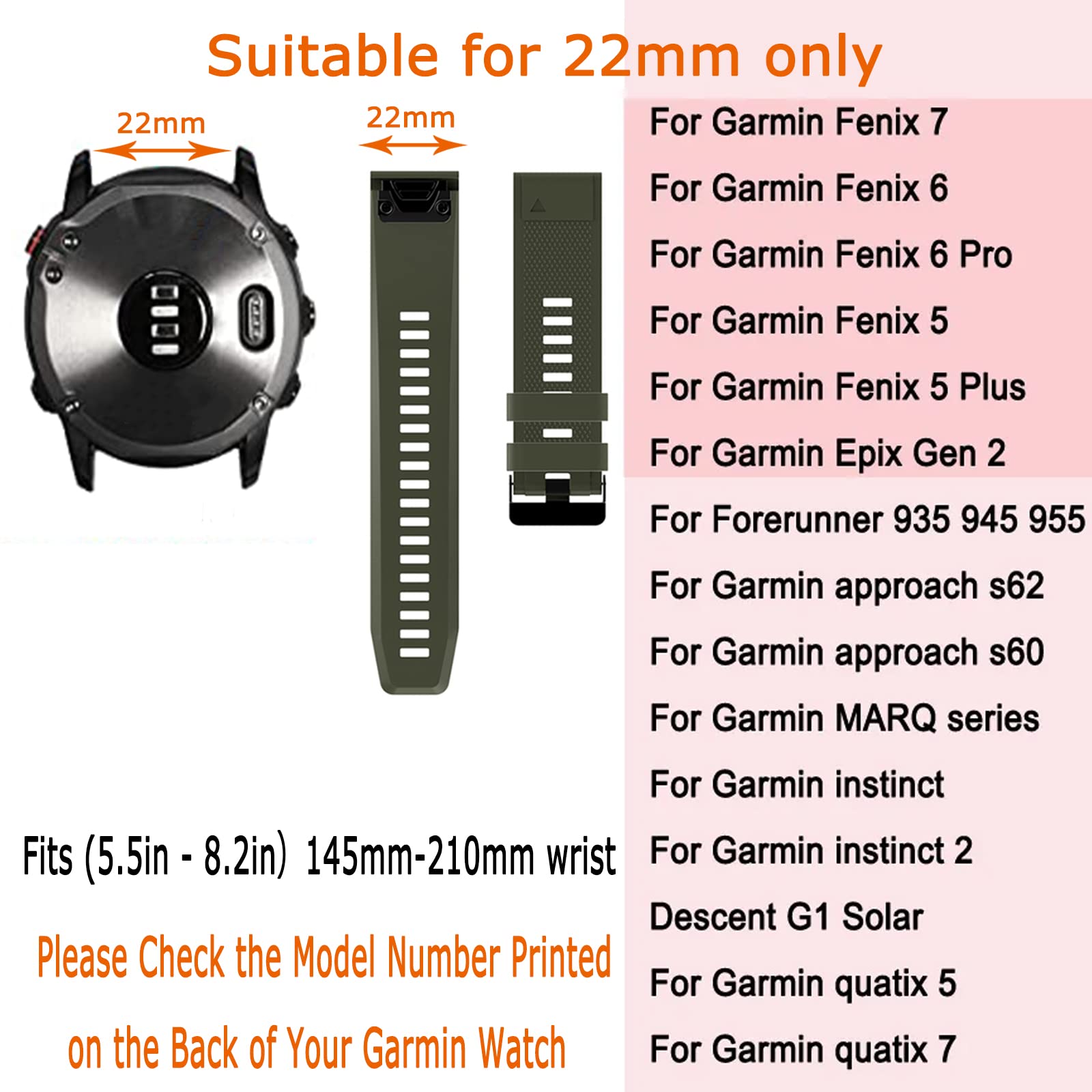 Compatible with Garmin Fenix 7 Fenix 6 22mm Quick Easy Fit Silicone Watch Band Replacement for Fenix 6 Pro/Fenix 5/Fenix 5 Plus/Instinct/Forerunner 935 945 955/Approach S60/S62/Quatix 5/Qatix Garmin
