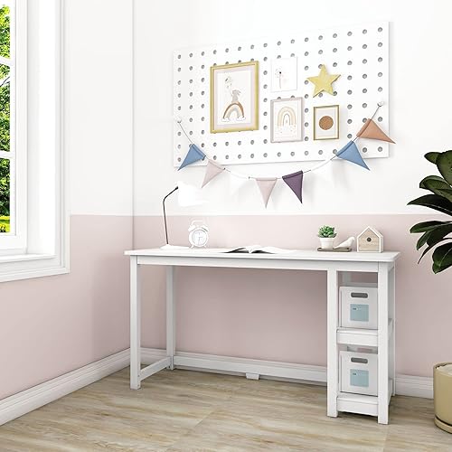 Miniatura 6 de Max & Lily Escritorio de madera maciza con estantes, 55 pulgadas, color blanco