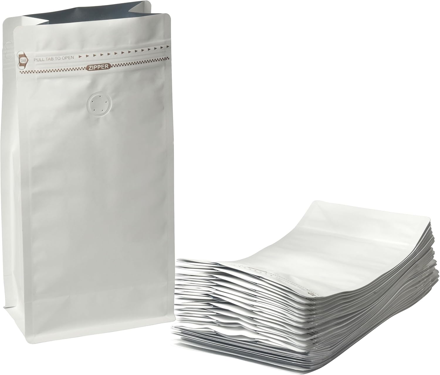White Kraft Coffee Bags with Side Gusset, Resealable Stand-Up Coffee Pouches with Side Zipper, Degassing Valve for Coffee (Size: 5.75 x 13.25", 32oz/2lb, Pack of 50)