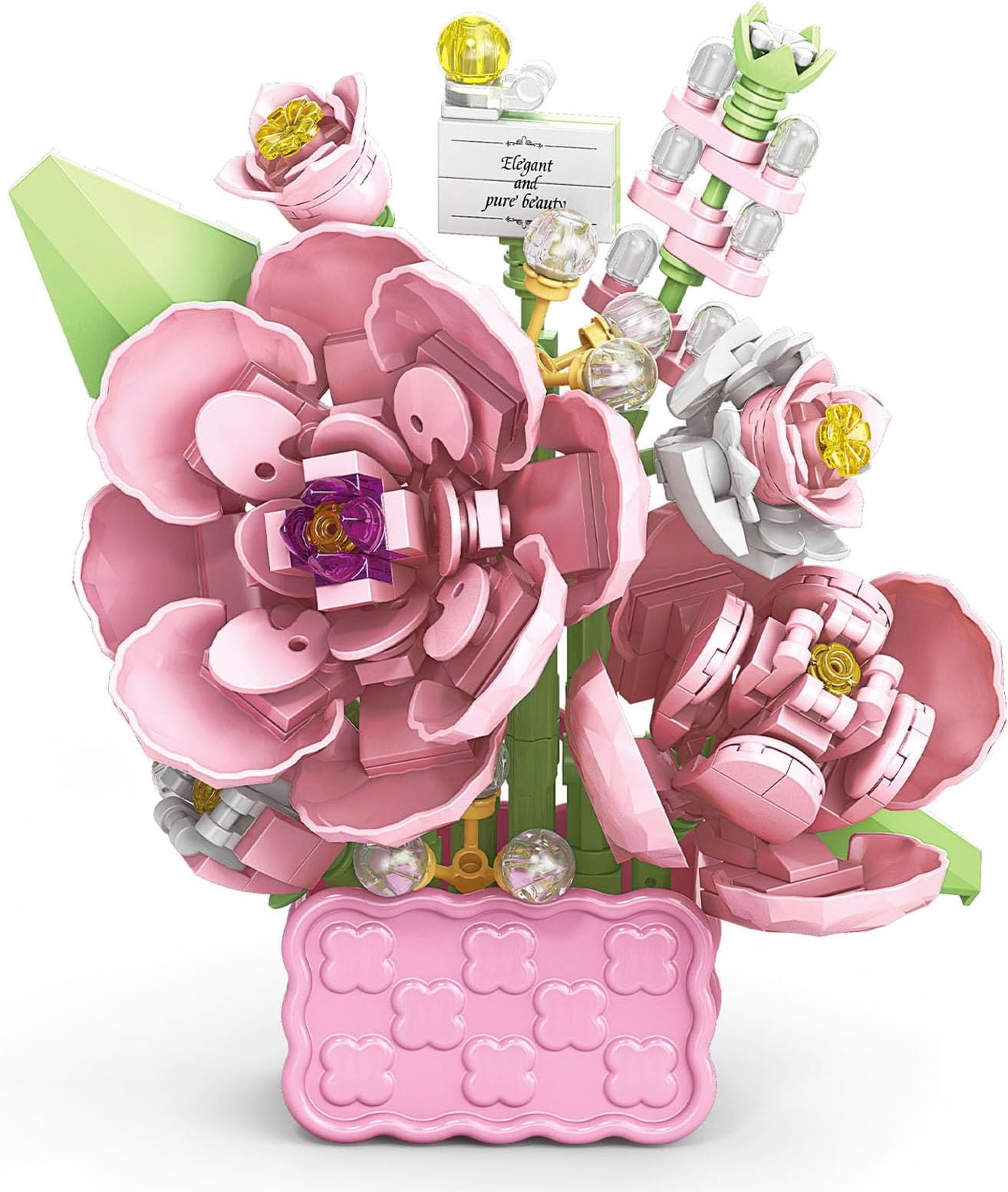 Mini Flower Bouquet Building Set - Creative DIY Tiny Plants & Succulent Toys for Kids Ages 6+, Adults, Girls & Boys | Home Desk Decor, Birthday Gift, STEM Learning (Cotton Rose)