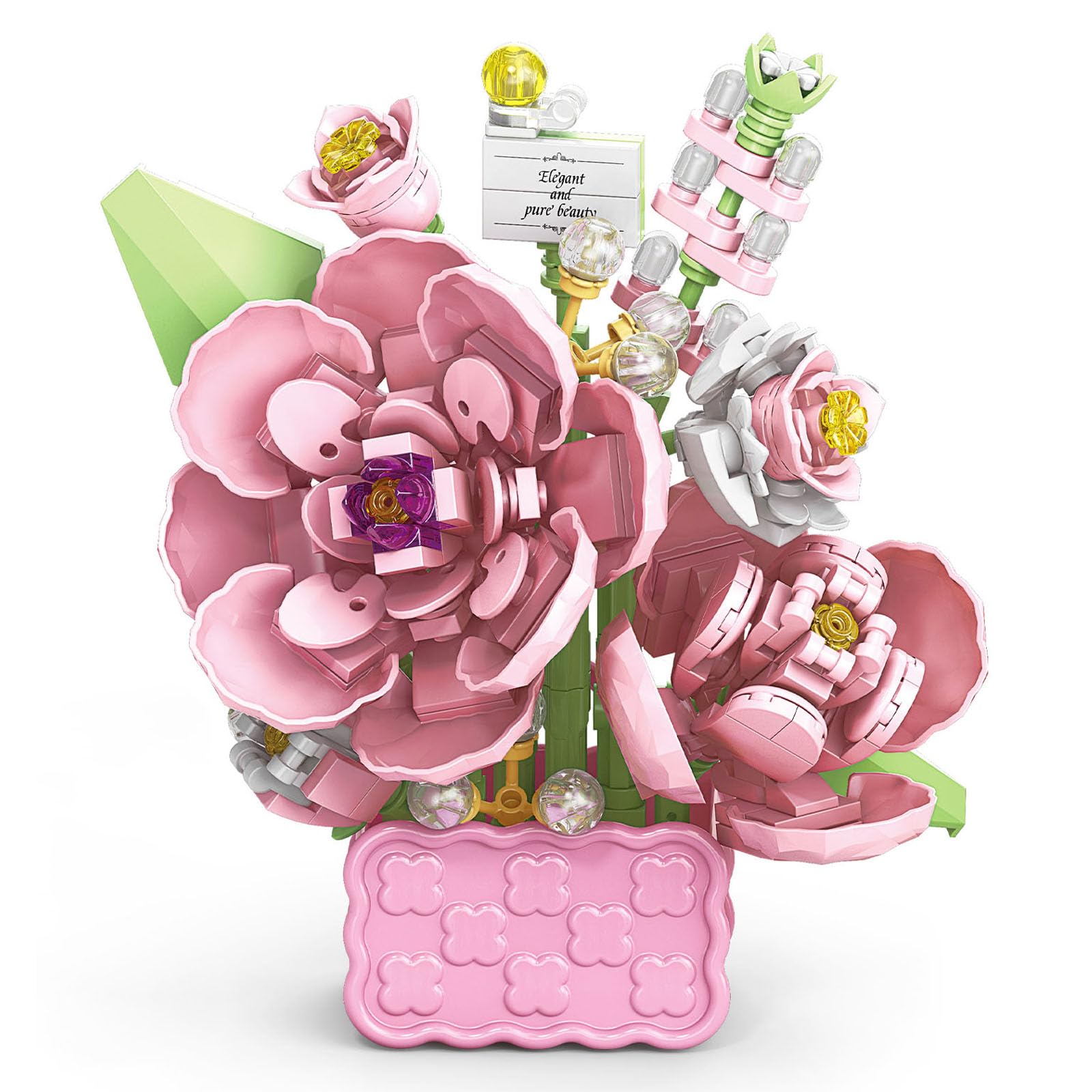 Mini Flower Bouquet Building Set - Creative DIY Tiny Plants & Succulent Toys for Kids Ages 6+, Adults, Girls & Boys | Home Desk Decor, Birthday Gift, STEM Learning (Cotton Rose)