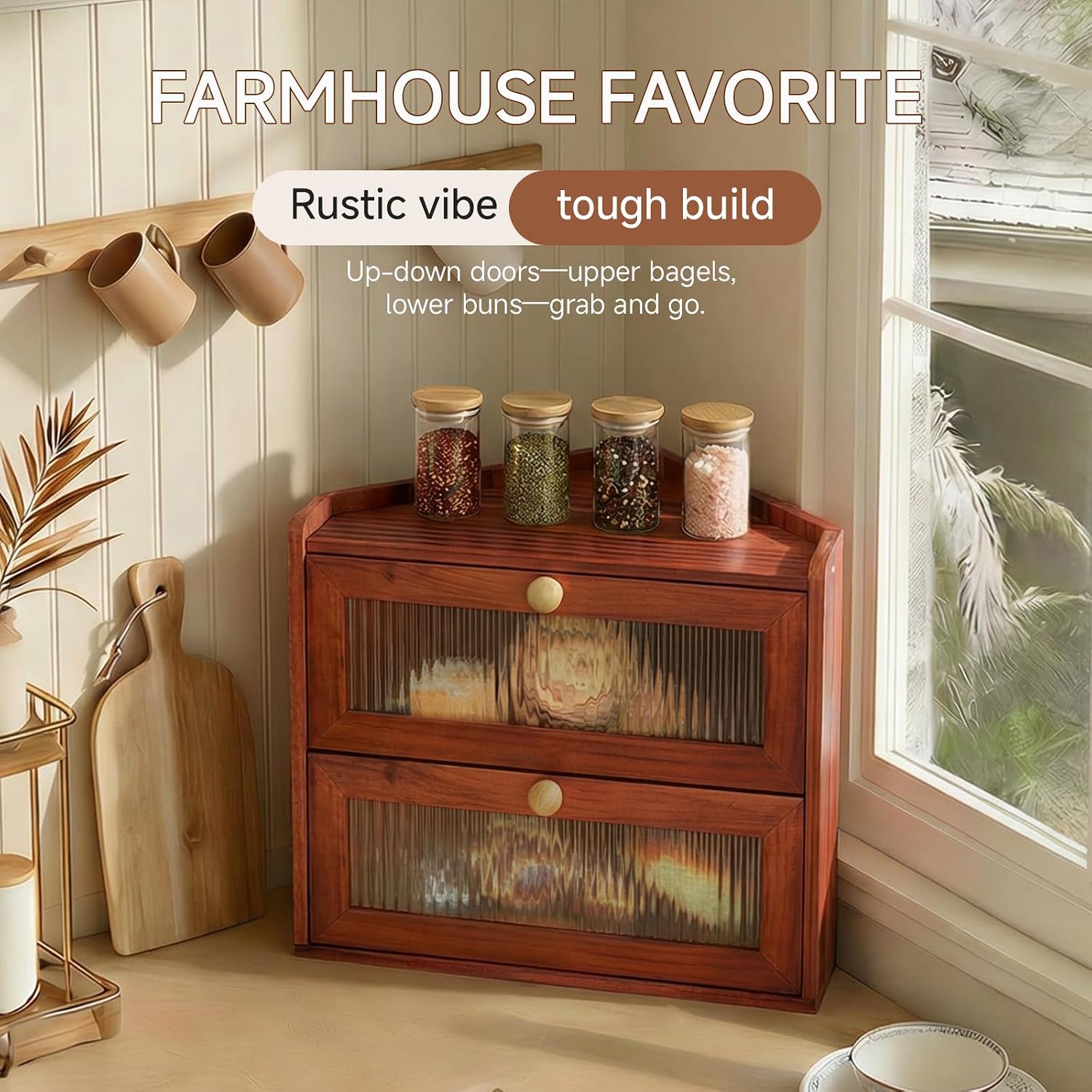 Wooden Corner Bread Box for Kitchen Countertop, Cherry Finish