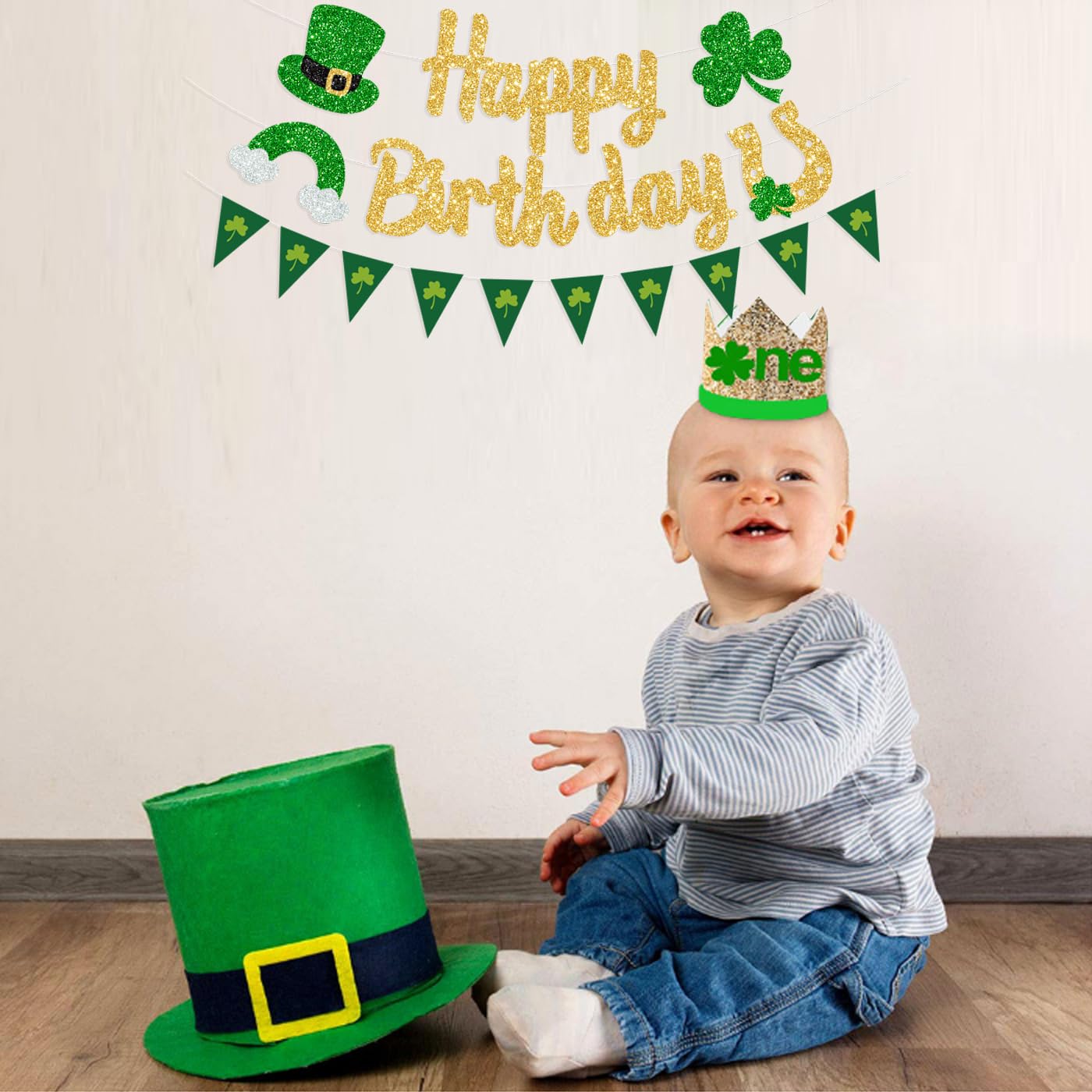 St. Patrick's Day Happy Birthday Banner - Gold & Green Glitter Shamrock Decor, DIY Party Banner Set
