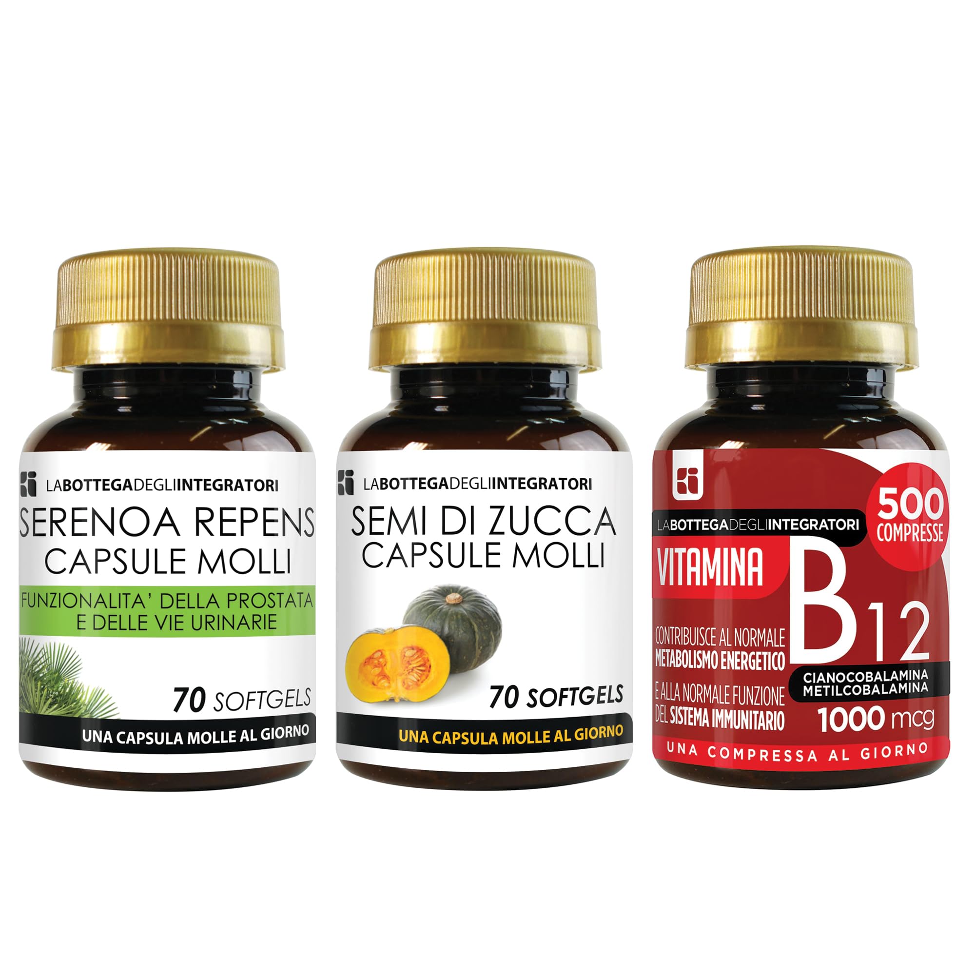 SAW PALMETTO 70 CÁPSULAS BLANDAS - SEMILLAS DE CALABAZA 70 CÁPSULAS BLANDAS - VITAMINA B12 500 COMPRIMIDOS | PRÓSTATA Y ENERGÍA