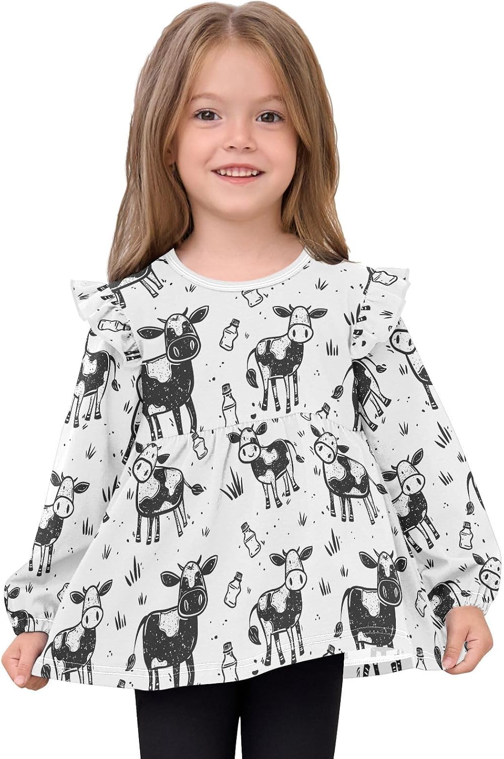 visesunny Toddler Clothes for Girls Simple Hand Drawn Cow Long Sleeve Fall Shirts Cotton Top with Ruffle Collar