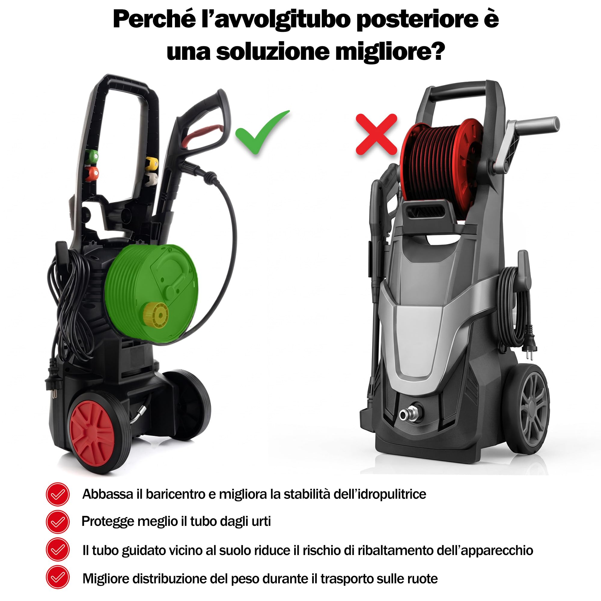 LEHMANN Idropulitrice Phoenix, 3000 W, max. 260 bar, Portata 480 l/h, Raggio d'azione 17 m, Motore a induzione, Lancia schiuma & 5 Ugelli intercambiabili, per Auto ed Esterni di Casa, Nero/Rosso