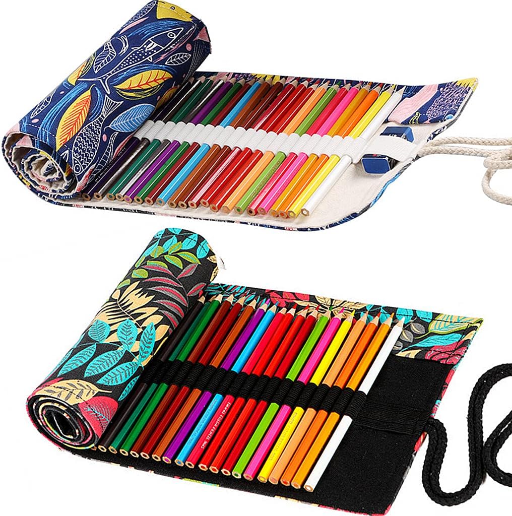 Canvas Pencil Wrap, Ouceanwin 2 Pieces 36 Slots Pencil Wrap, Canvas Pencil Roll, Portable Bag, Pencil Case, Pencil Holder