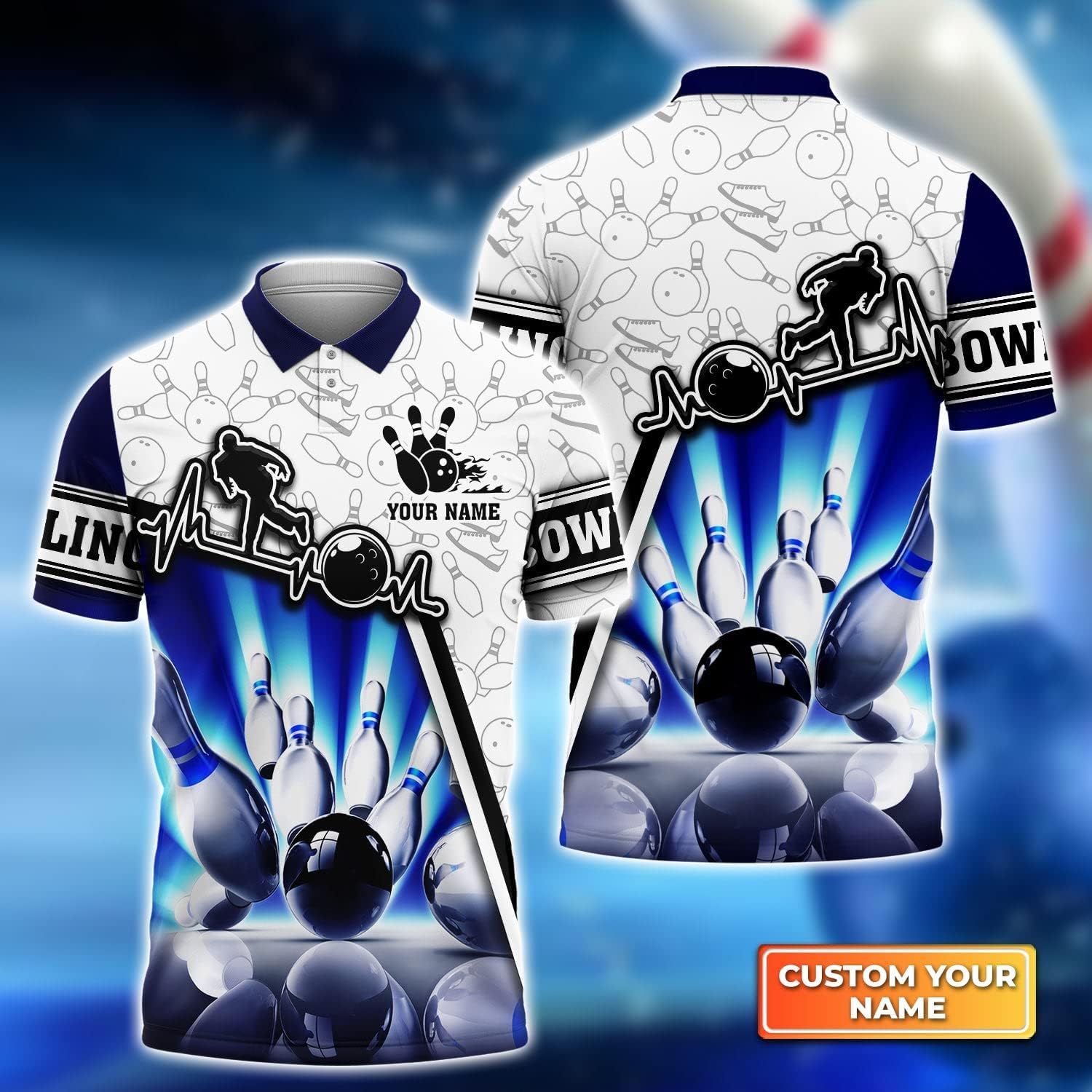 IZI POD Personalized 3D Bowling Polo Shirt, Custom Name Bowling Shirts, Bowling Shirt for Men Women, Gift for Bowling Lover (Design - 2)