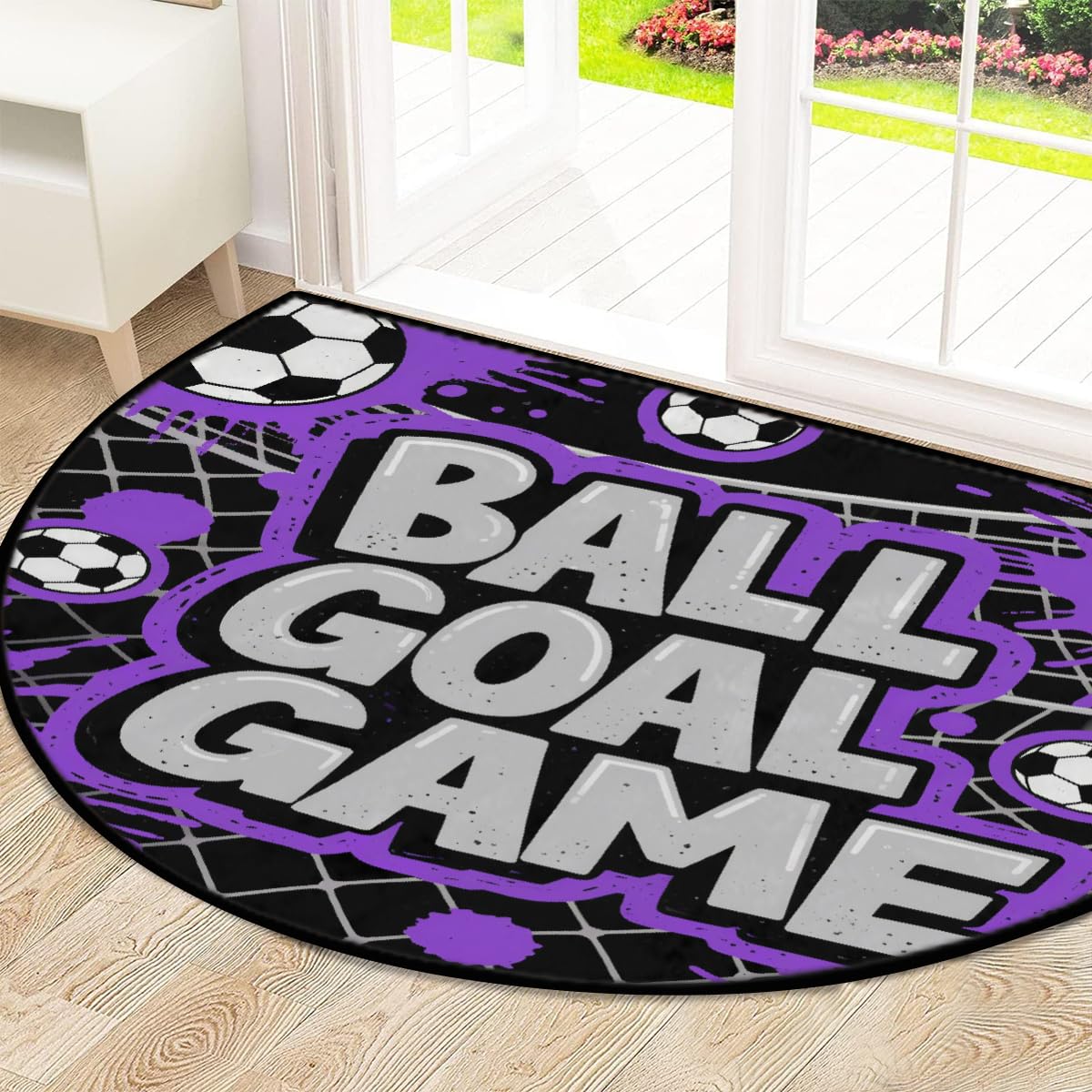 Große halbrunde Fußmatte – Fußballtor, rutschfest, saugfähig, halbrund, Eingangsbereich, niedlich, weich, halbrund, waschbar, Teppich für Küche, Badezimmer, Schlafzimmer, 160 x 100 cm, Lila