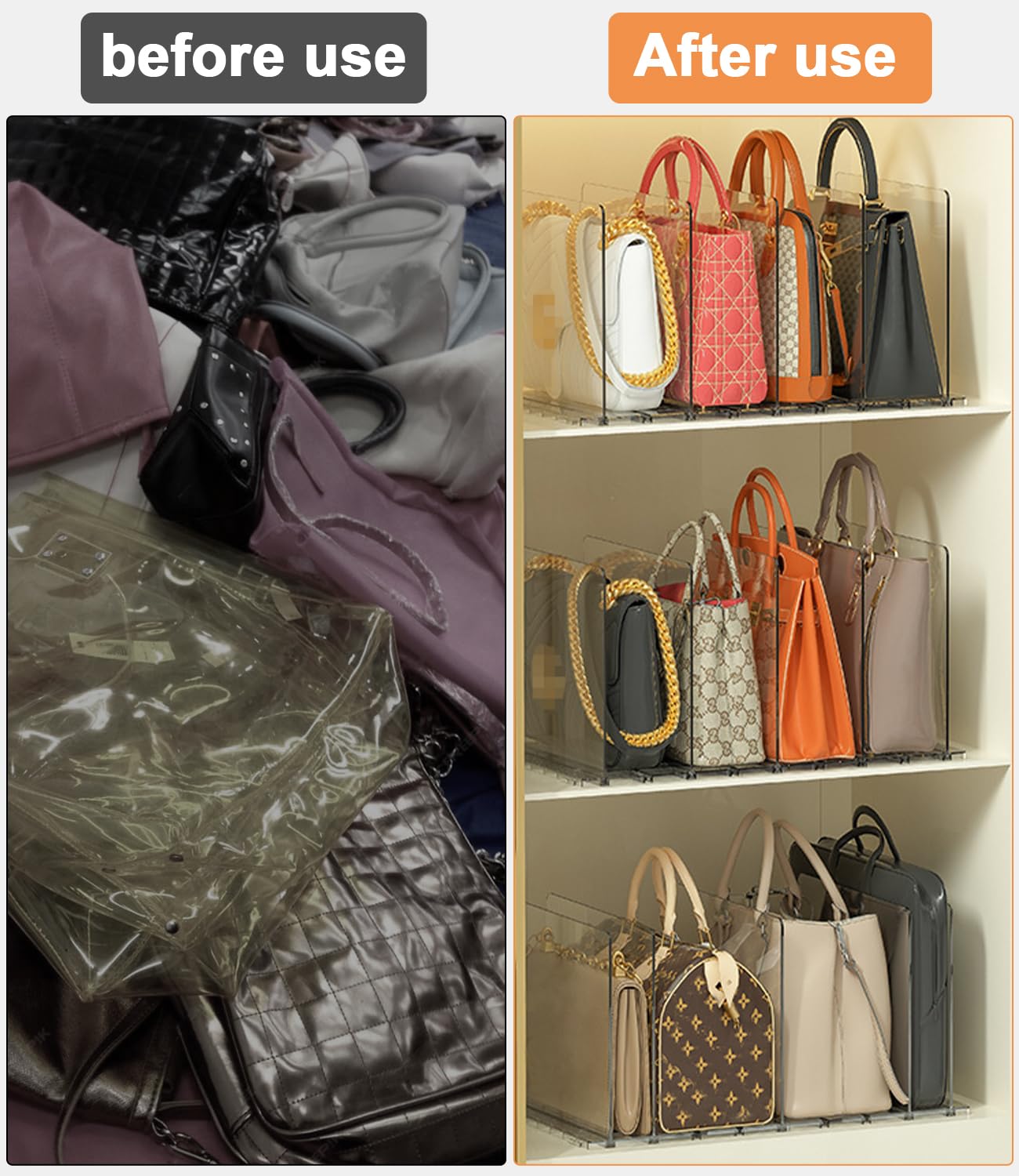 Lot de 10 Séparateurs de Sacs à Main, Organisateur Dressing Ajustable avec Base à Fentes et Diviseurs Ajustables, Rangement pour Dressing, Placard, Chambre et Cuisine