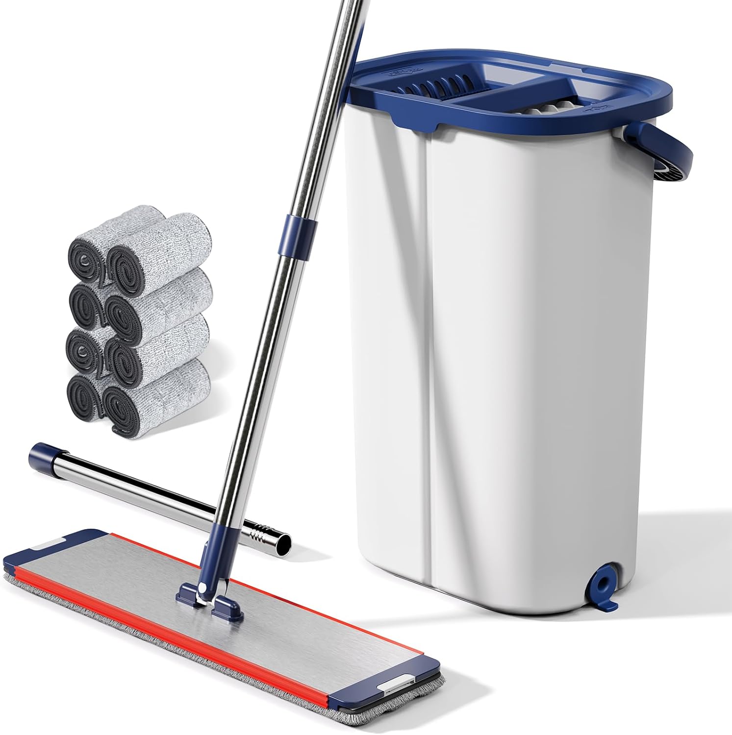 Large Mop and Bucket System with Wringer Set, Hands-Free Flat Mops for Floor Cleaning, Mopping Bucket System with 8 Washable Microfiber Pads for Wet and Dry Use, Home Windows and Wall Cleaner Mop