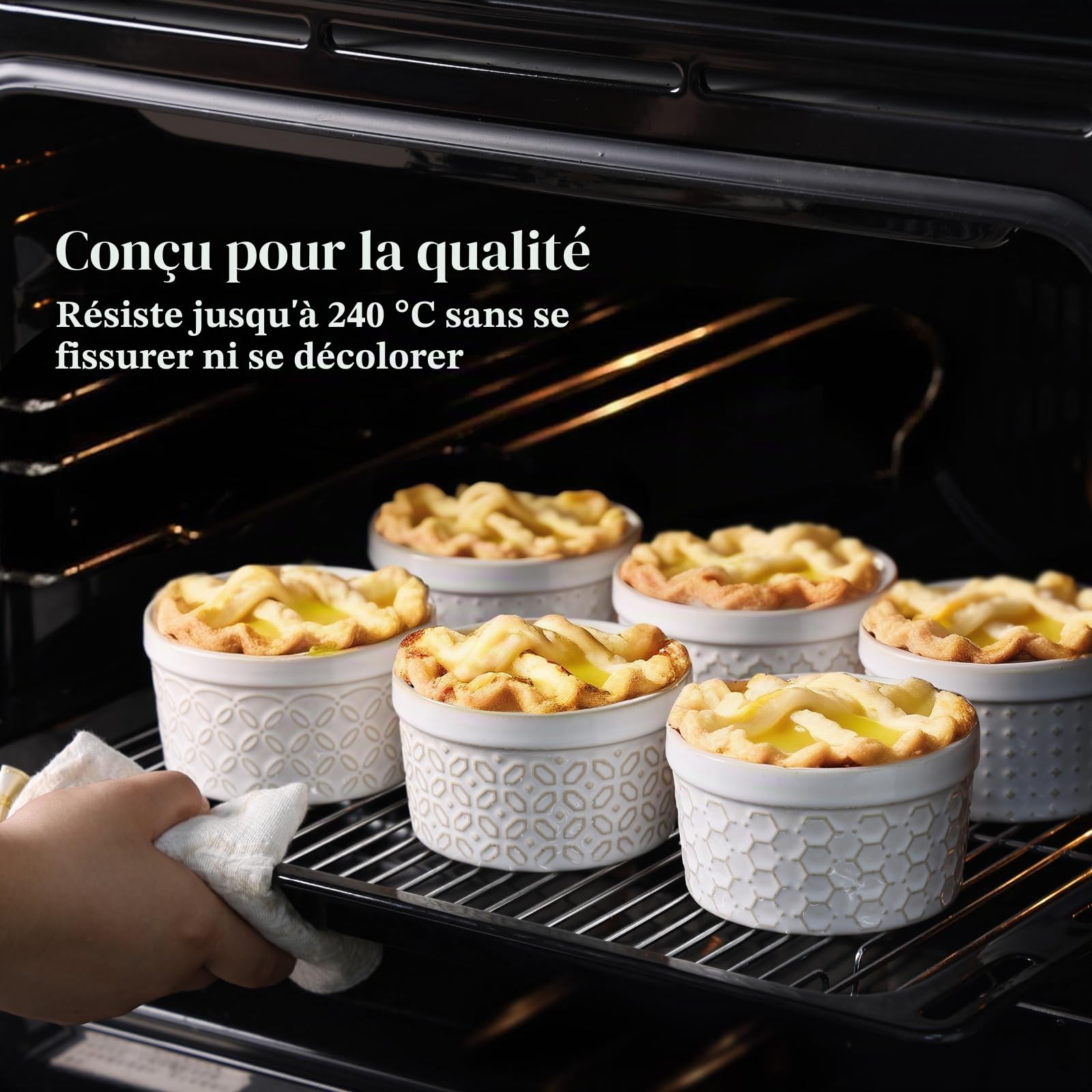 DOWAN Lot de 6 ramequins en porcelaine avec couvercles pour crème brûlée - 230 ml - Passe au four - Pour desserts, cocottes et sauces