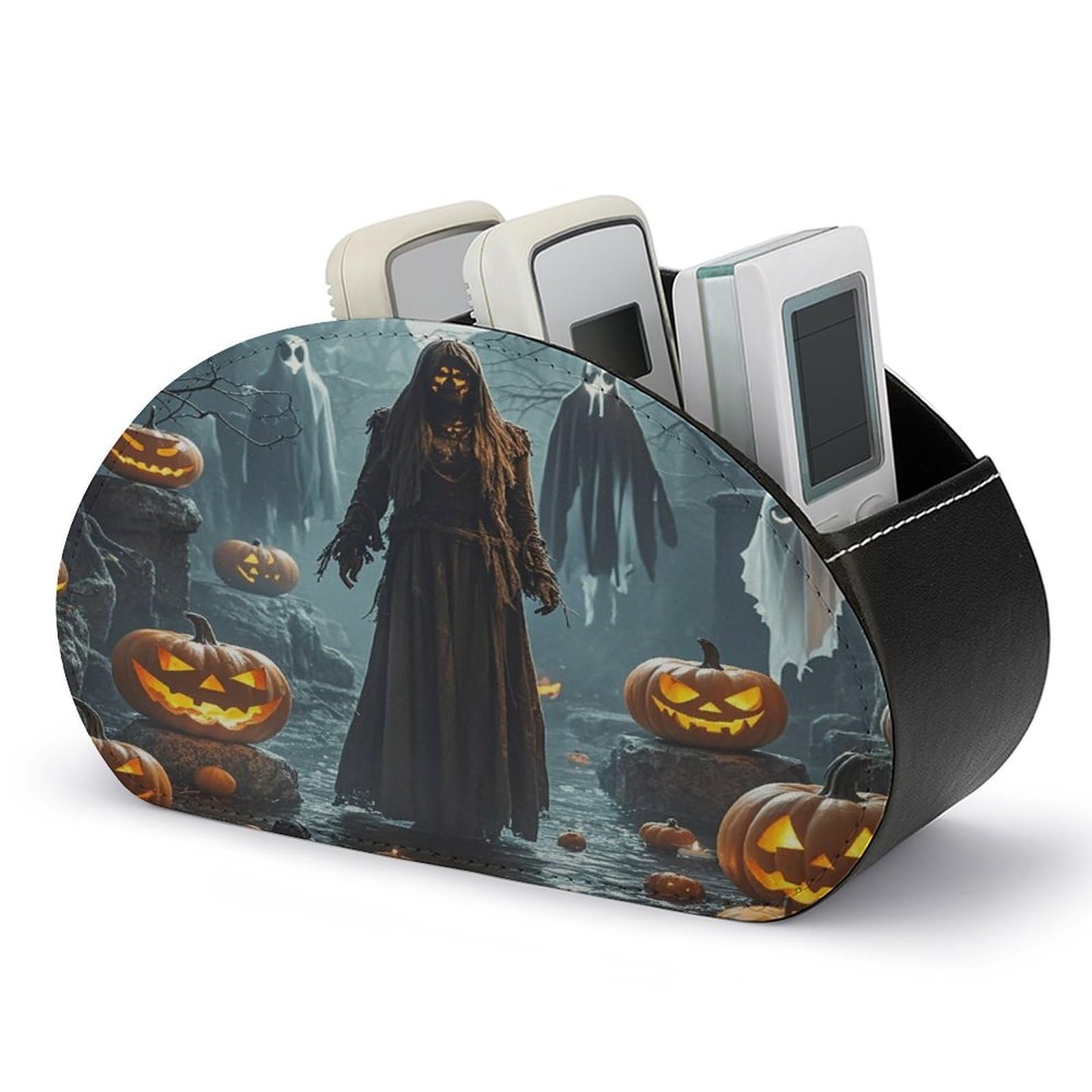 FekiLoot Grim Reaper TV Remote Control Holder with 5 Compartments Multi-functional Leather Bedside Table Remote Caddy Desktop Storage Box for Store Pen Controller Media Player Cosmetic
