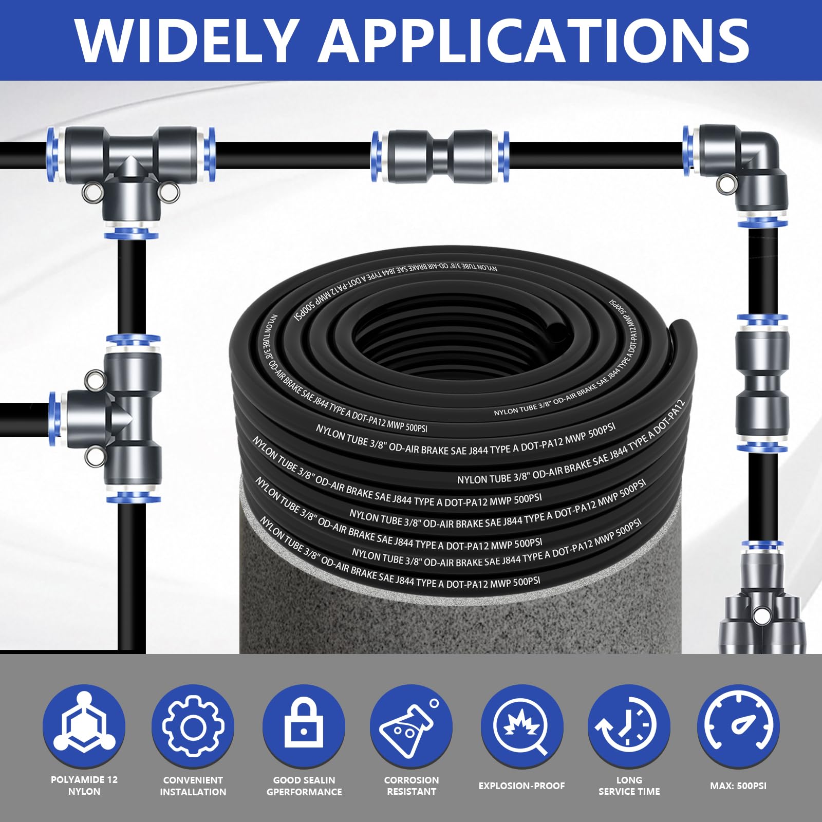 Línea de aire OD DOT de 50 pies de 3/8 pulgadas con 39 piezas de accesorios comprimidos, 15,5 metros SAE j844 PA manguera de aire de nailon, accesorios de empuje para sistema de freno de aire o