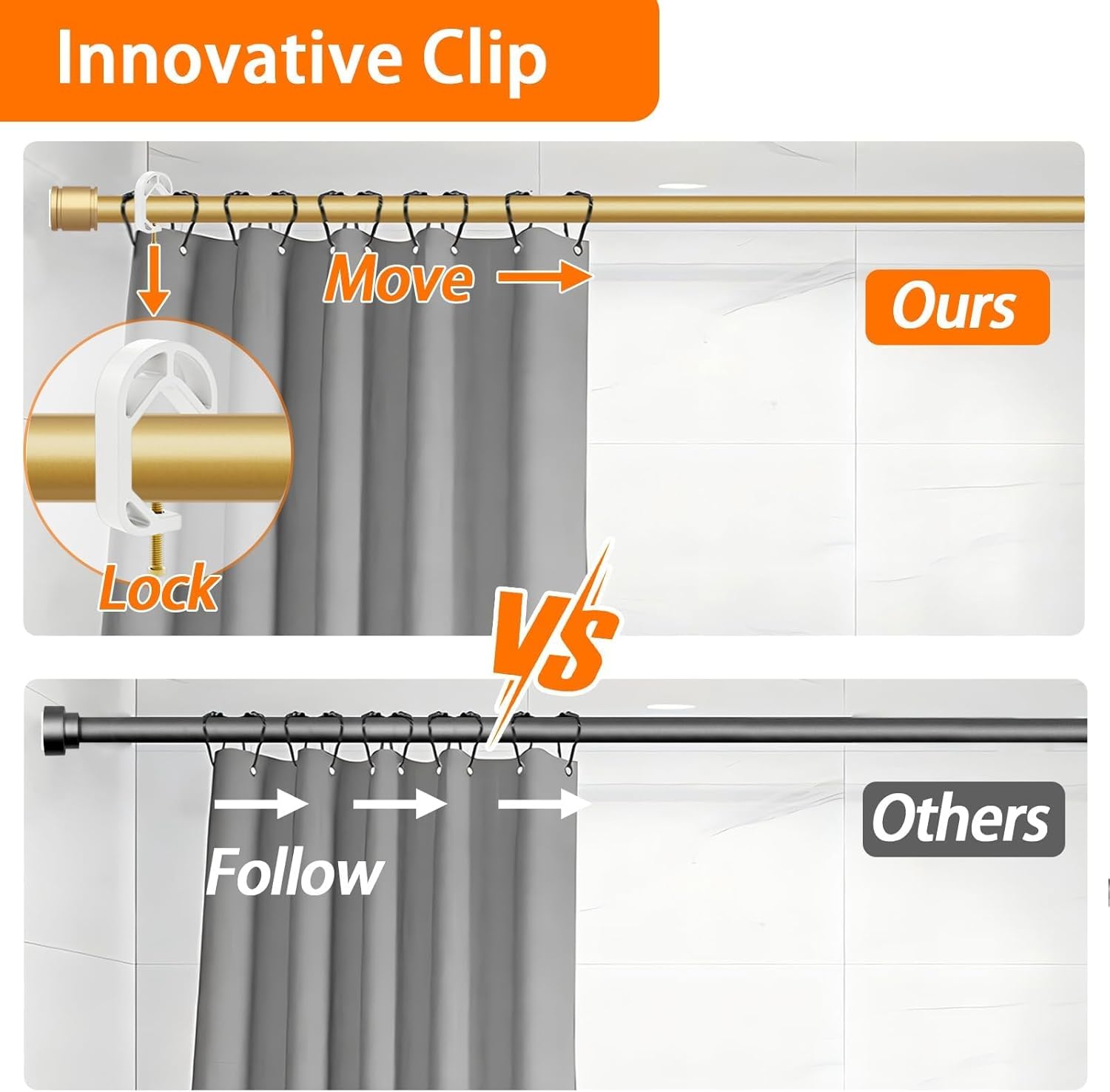 Shower Curtain Rod,Tension Rod 24 to 72 Inch,Never Fall Off,Innovative Buckle,Rustproof,No Drilling,Easy to Install,1 Inch Diameter,Suitable for Bathroom,Window,Door,Wardrobe,Kitchen (Warm Gold)