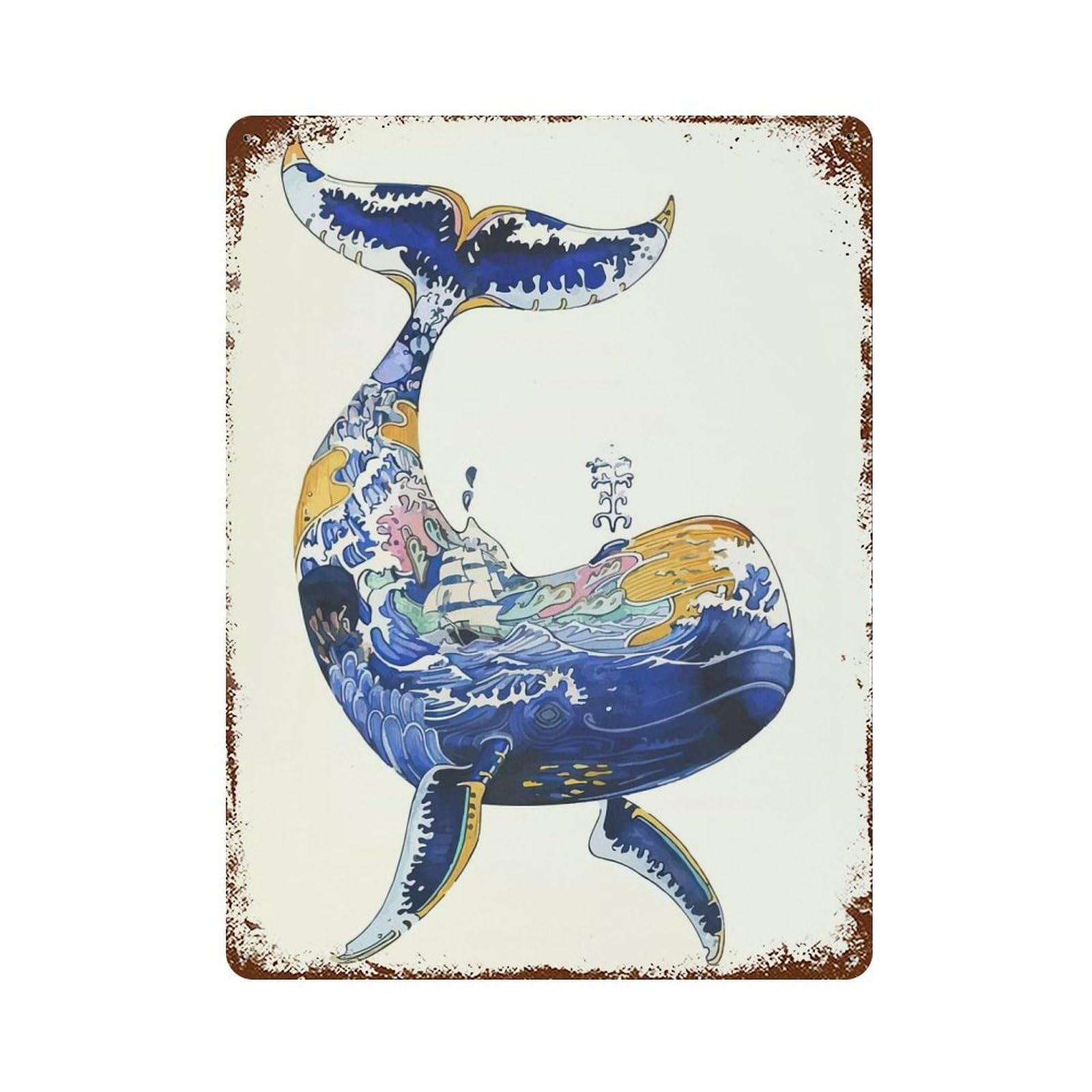 Vintage Rust Metal Sign with Whale Illustration with Ship And Waves Design 15.7"x11.8", for Farmhouse, Kitchen And Entryway Decor, Novelty Wall Decor