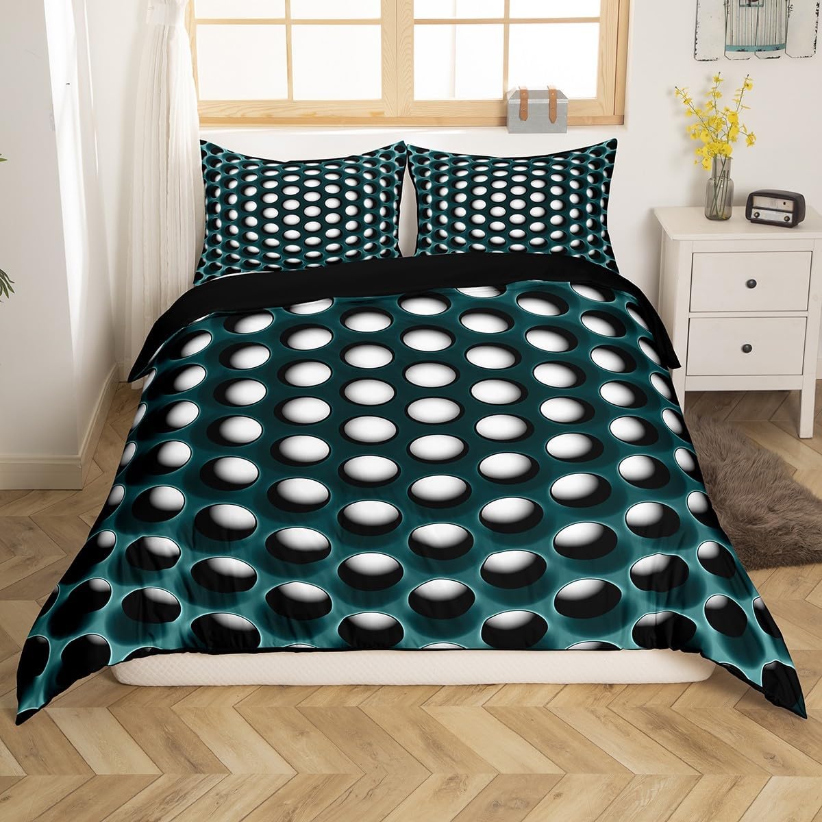 Geometric King Bedding Sets for Boys,White Green Geometry Comforter Cover for Kids Teen Men Abstract Geometrical Duvet Cover 3D Stereoscopic Dense Hole Quilt Cover 2 Pillow Cases
