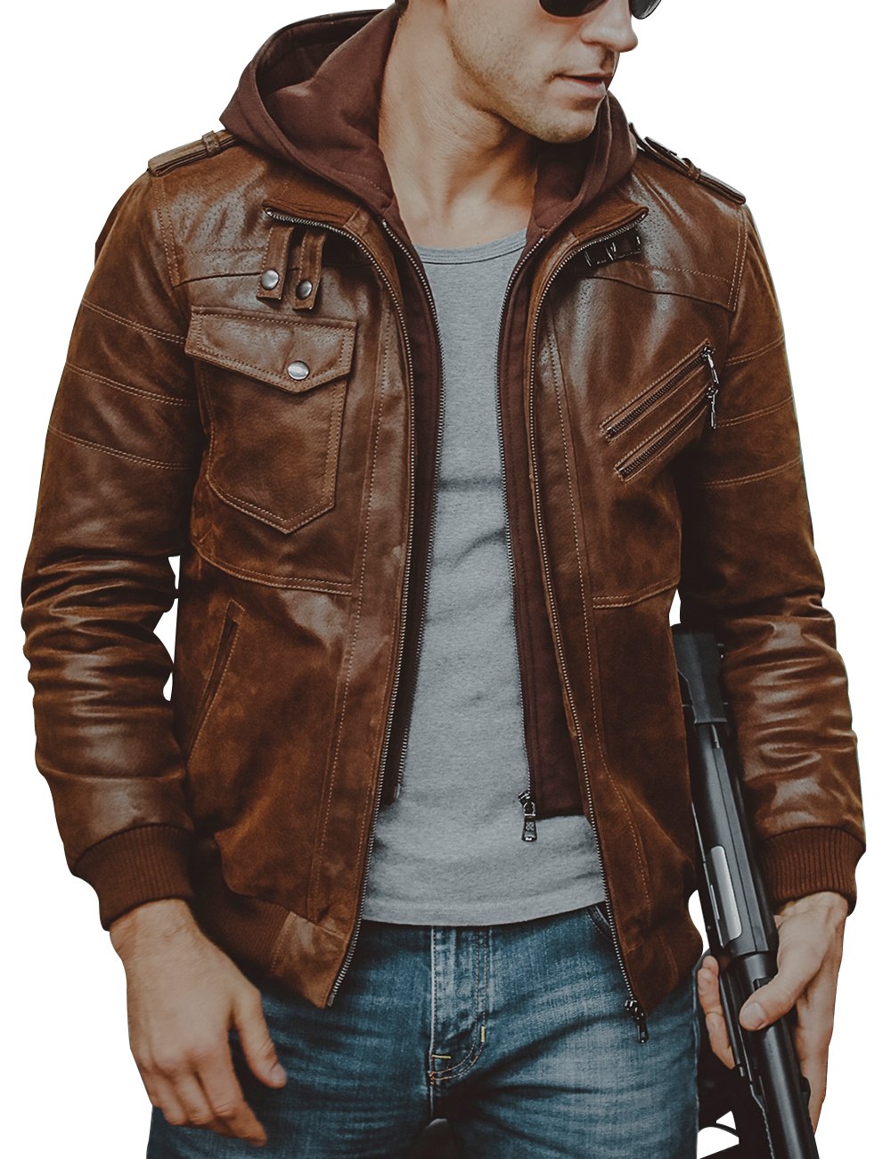 FLAVOR Giacca di Pelle Vera Uomo Moto Cappuccio Staccabile