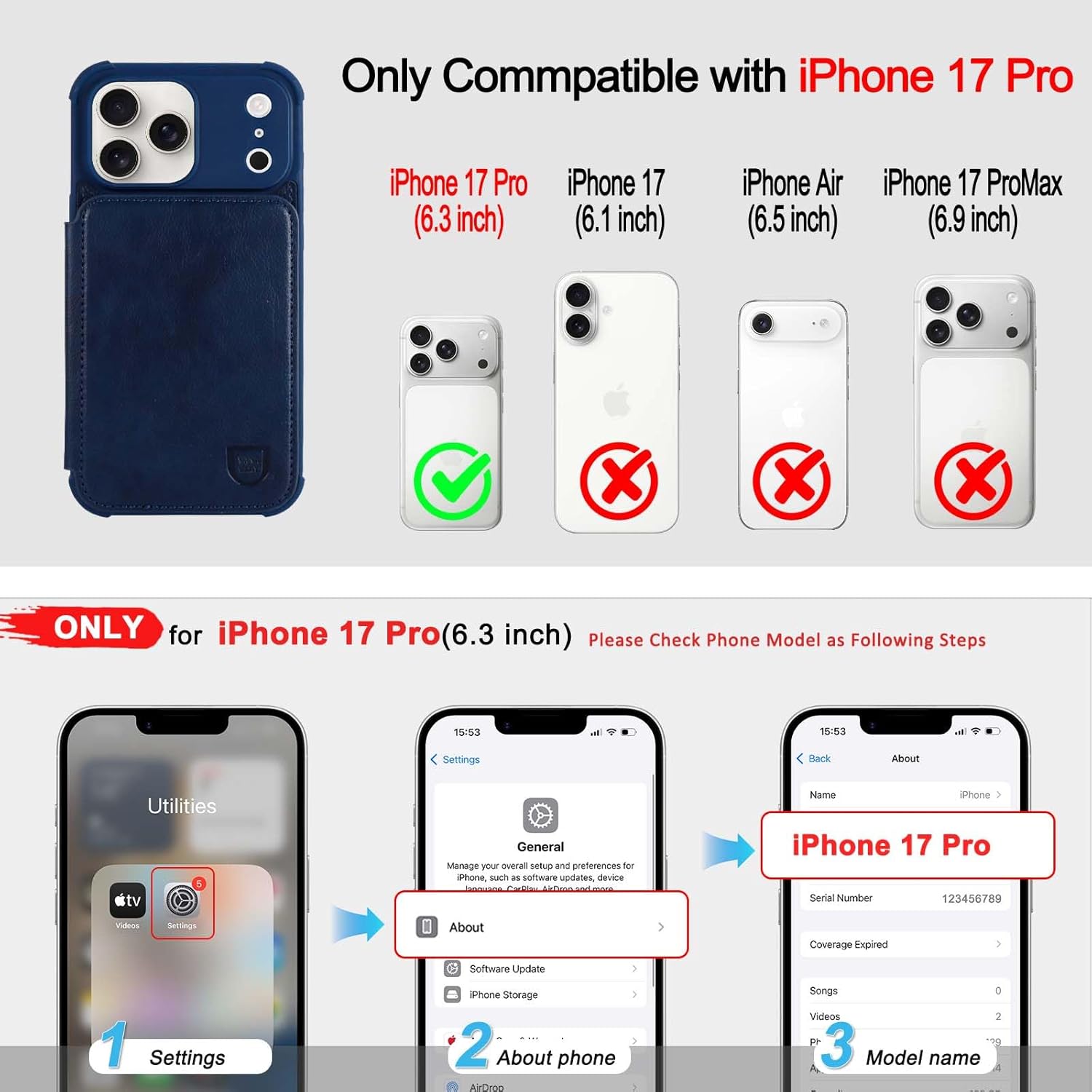 VANAVAGY Compatible for iPhone 17 Pro Wallet Case with RFID Blocking Card Holder, [Screen Protector] PU Leather Kickstand Card Slots Magnetic Clasp Shockproof Case for Women Men,Navy Blue