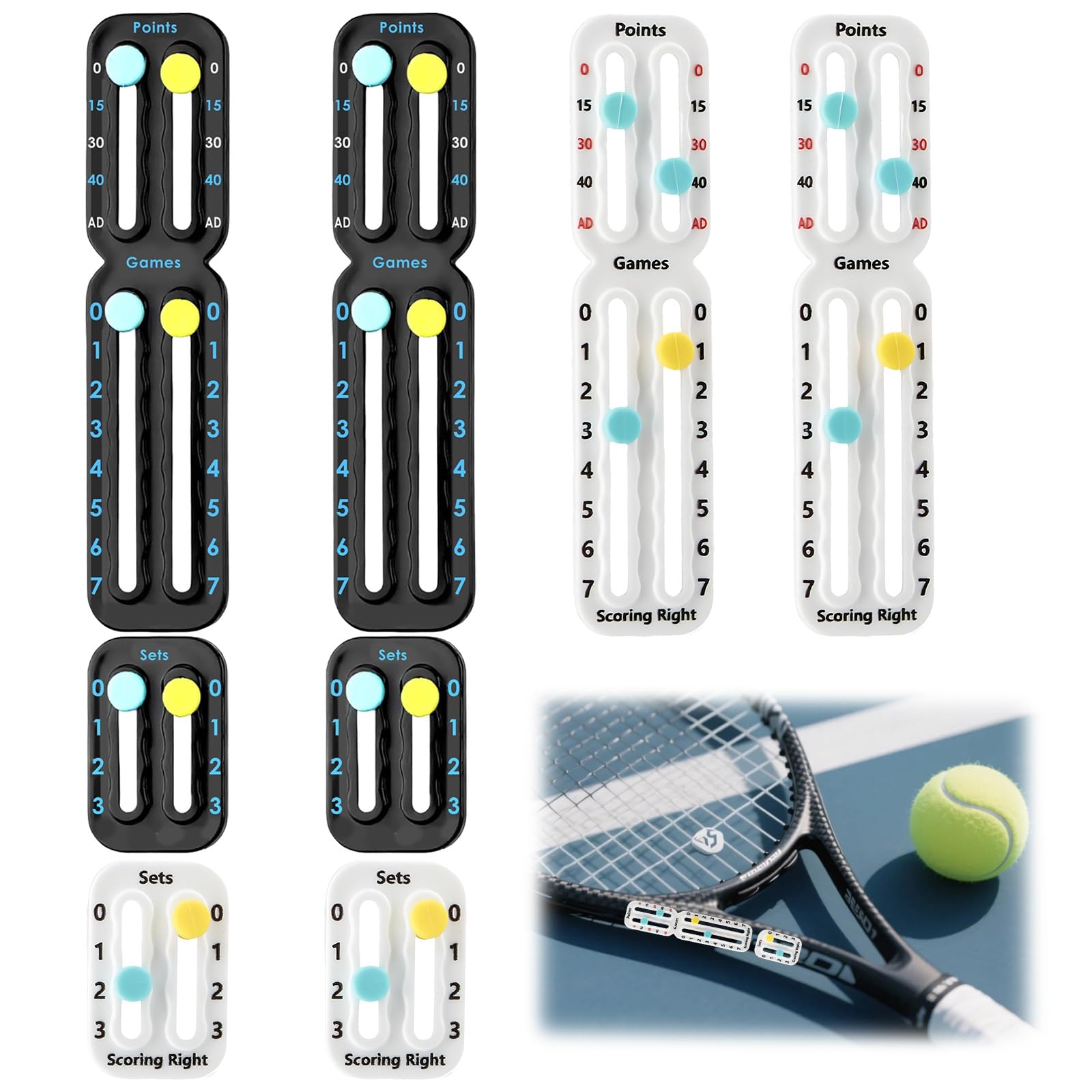 LIUQOBN 4 Pcs Tennis Score Keeper Easily Mounted For Racquet Throat Mount Lightweight Racquet Tracker Board For Points Games Sets