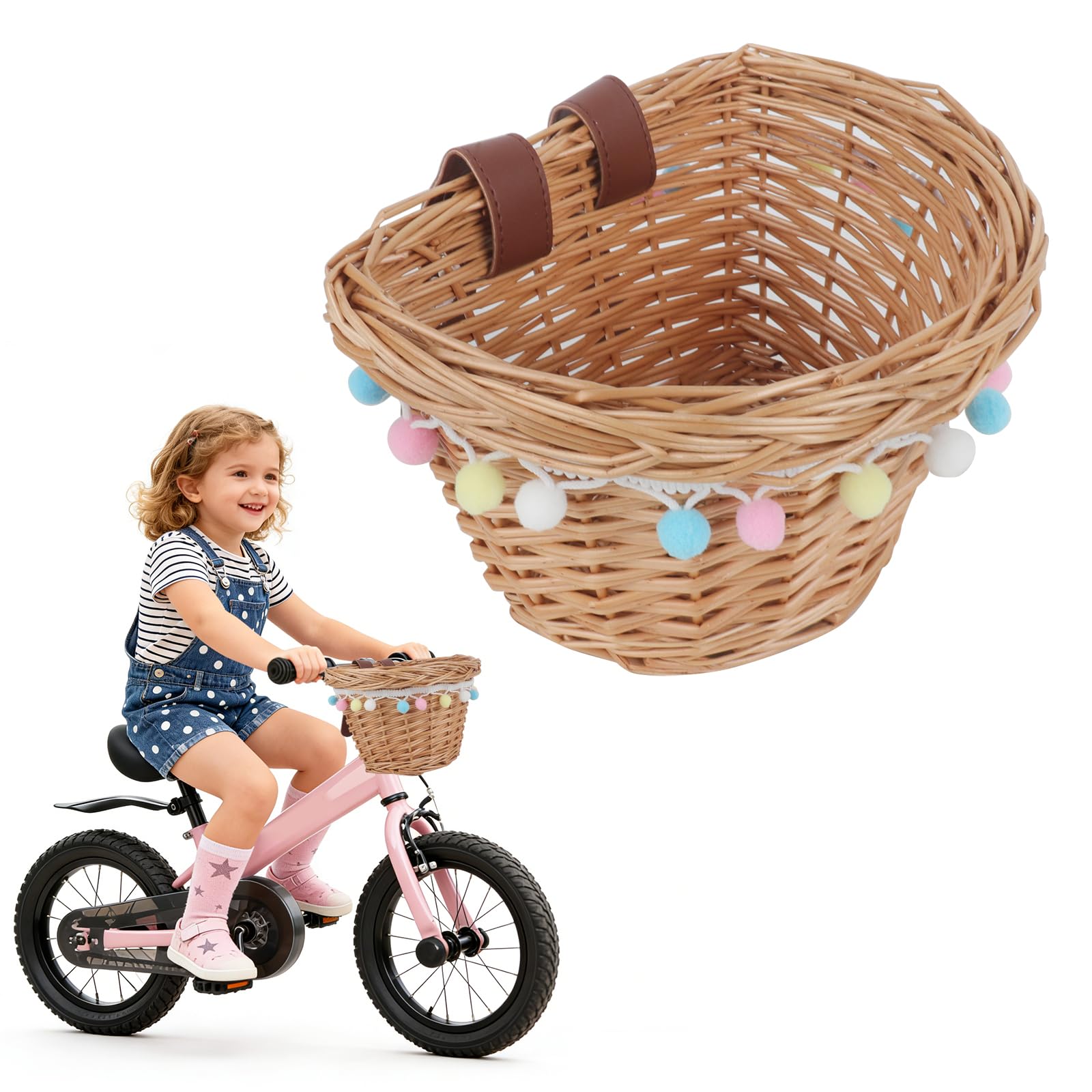 Cestino Bici Bambino, Tessuto a Mano Bambini Cestino in Vimini per Bicicletta, Cestino Bicicletta Anteriore con Cinghie in Pelle E Pompon Colorati per Bambini, 9,8 X 7,5 X 6,7 Pollici