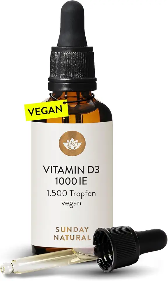 SUNDAY NATURAL® Vitamin D3 Tropfen – 1.000 IE (25 μg) Sunferol® veganes D3 pro Tropfen – Premium Vitamin D in MCT-Kokosöl gelöst – laborgeprüft, ohne unnötige Zusätze