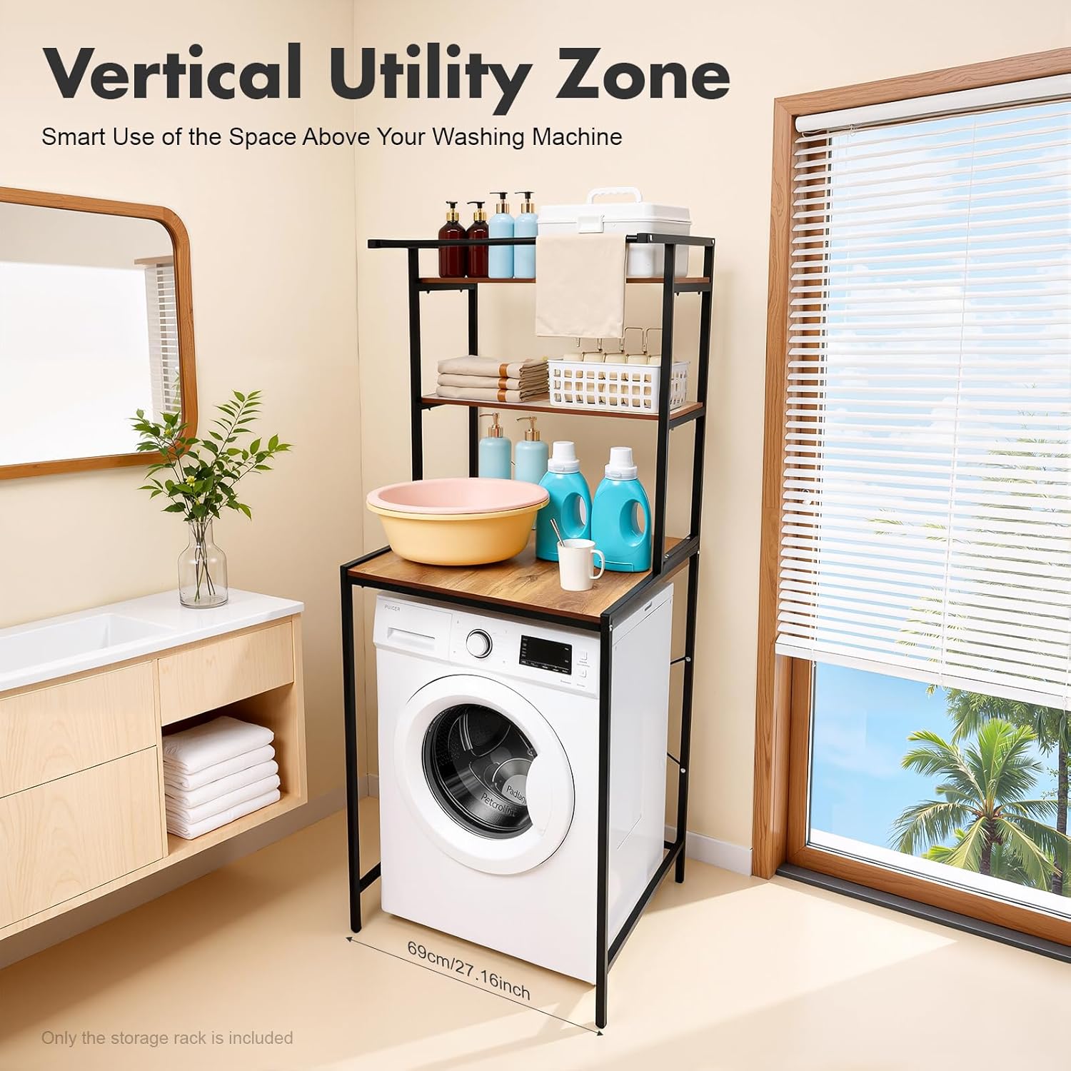 Washer and Dryer Storage Shelf, 3 Tier Space Saving Bathroom Organizer Rack, Heavy Duty Clothes Drying Rack with Height 0.39 Adjustable, Clothes Hanging Rod Rail (Black+Oak)