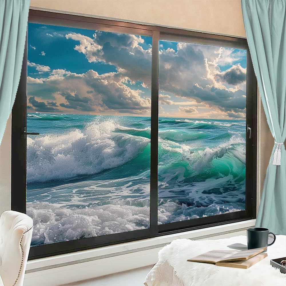 Watercolor Ocean Waves Window Film Privacy Nature Beautiful Landscape Decorative Stained Glass Decal for Home, Adhesive Window Sticker 35.4Wx63L inch x 2pcs